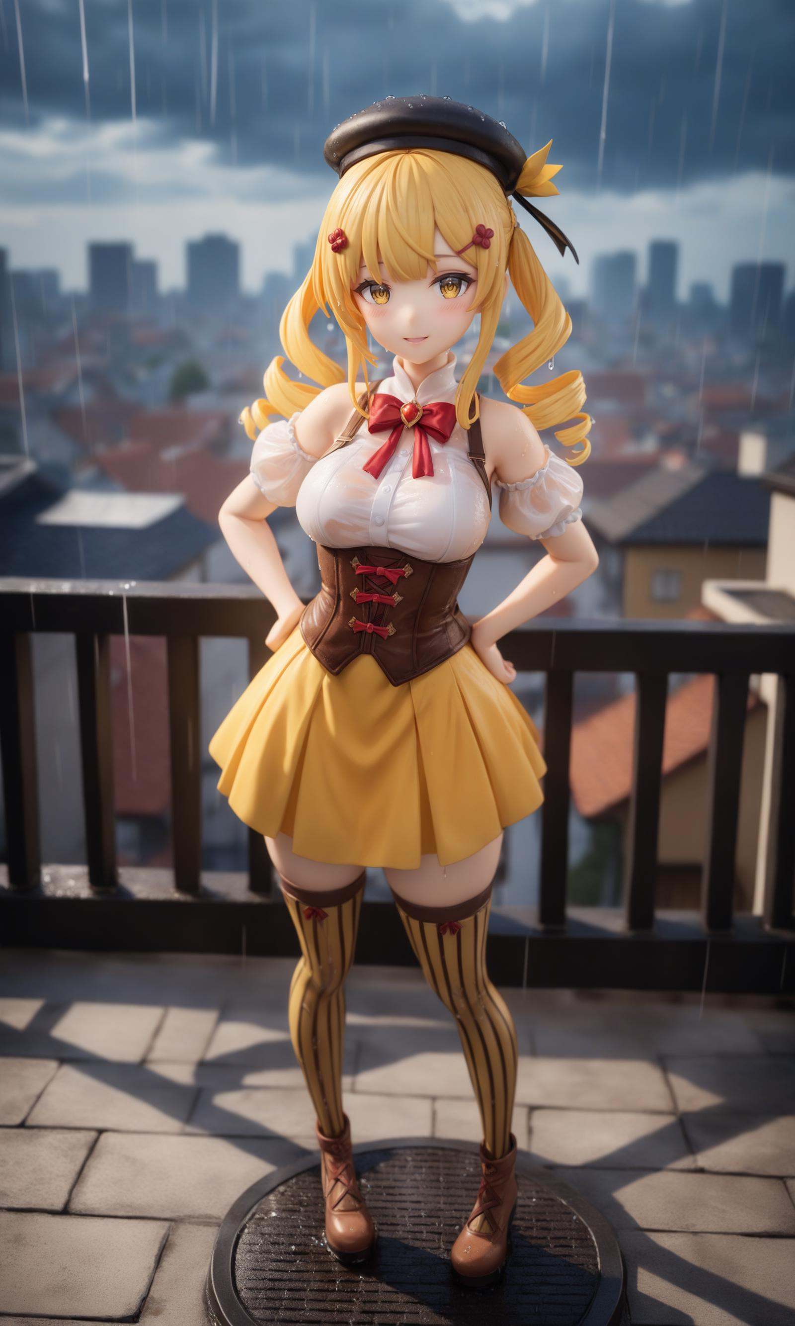surreal,amazing quality,masterpiece,best quality,awesome,inspiring,cinematic composition,soft shadows,Film grain,shallow depth of field,highly detailed,high budget,cinemascope,epic,OverallDetail,color graded cinematic,atmospheric lighting,imperfections,natural,shallow dof,1girl,solo,looking at viewer,yellow eyes,blonde hair,drill hair,twin drills,bangs,hair ornament,hairpin,tomoe mami,magical girl,skirt,shirt,thighhighs,short sleeves,detached sleeves,puffy short sleeves,beret,corset,striped thighhighs,vertical stripes,high collar,brown thighhighs,vertical-striped thighhighs,yellow skirt,black headwear,dutch angle,outdoors,rooftop,cityscape,building,railing,rain,hands on hips,cowboy shot,blue sky,scenery,from above,wet clothes,wet,wet hair,((rain)),see-through,wet shirt,smile,blush,parted lips,