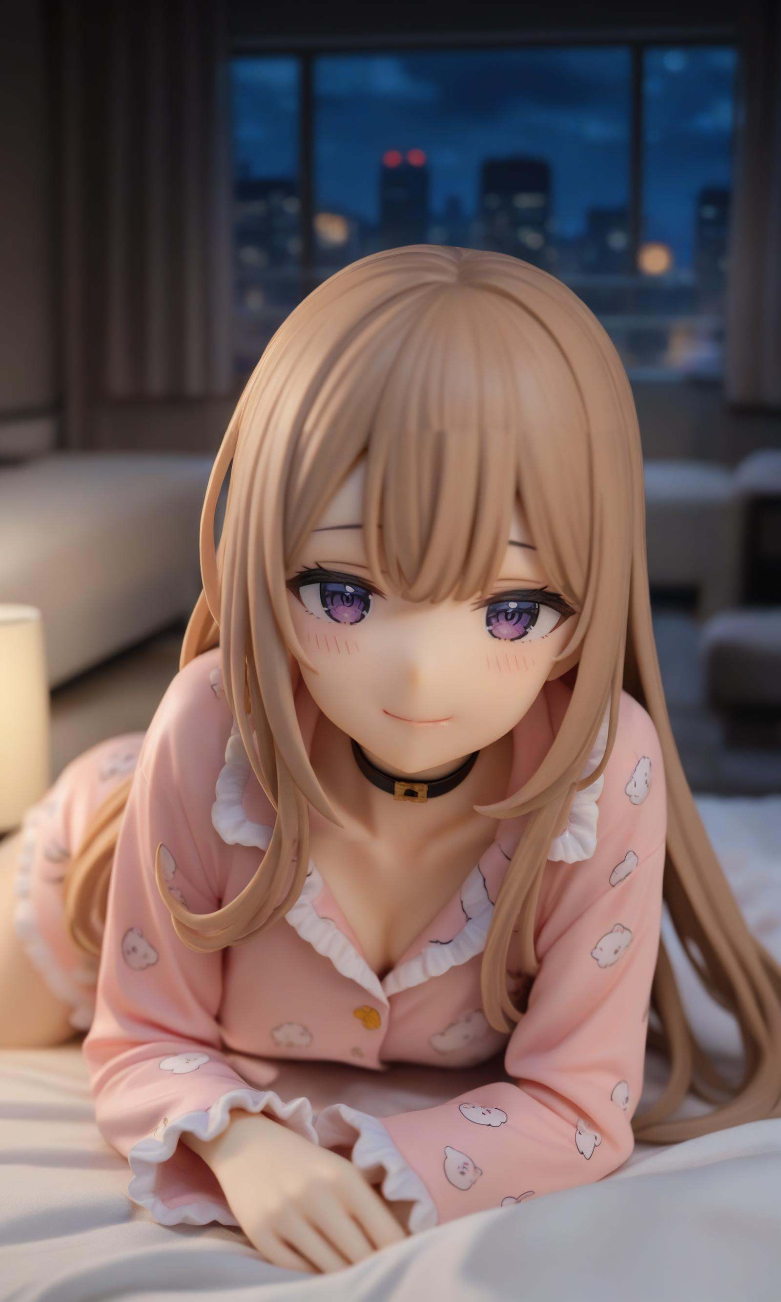 masterpiece,best quality,pov_across_bed,looking at viewer,smile,exhausted,hina amano,long hair,hair down,choker,pajamas,lying,on bed,indoors,night,apartment,dark room,skyline,