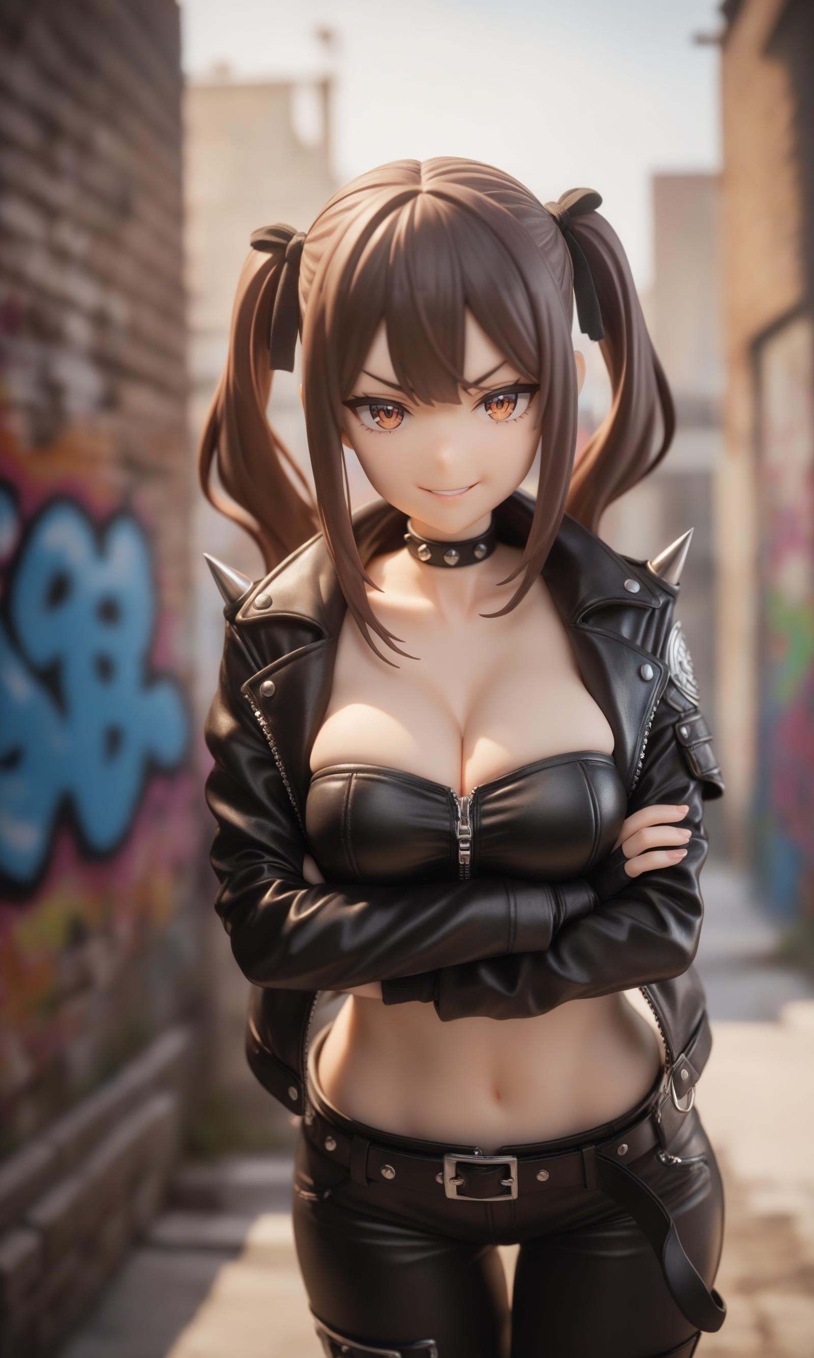 surreal,amazing quality,masterpiece,best quality,awesome,inspiring,cinematic composition,soft shadows,Film grain,shallow depth of field,highly detailed,high budget,cinemascope,epic,OverallDetail,color graded cinematic,atmospheric lighting,imperfections,natural,shallow dof,1girl,solo,looking at viewer,kurumi_ebisuzawa,twin tails,hair ribbon,leather jacket,leather pants,strapless bra,black jacket,tight pants,black chocker,zipper,fingerless gloves,biker clothes,spikes,unzipped,shoulder spikes,multiple belts,shiny clothes,(graffiti:1.2),brick wall,dutch angle,crossed arms,breast hold,arms under breasts,evil smile,smile,parted lips,v-shaped eyebrows,