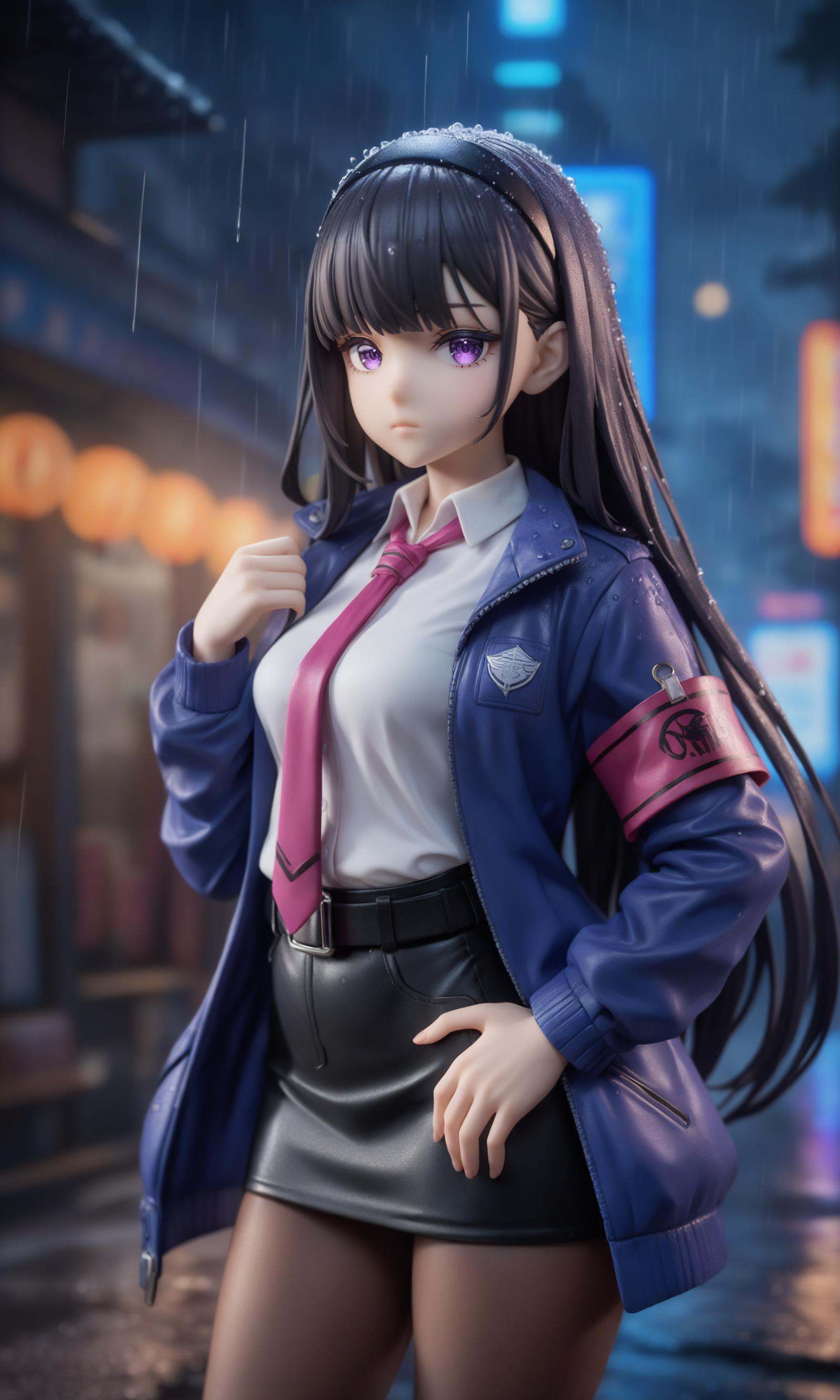 surreal,amazing quality,masterpiece,best quality,awesome,inspiring,cinematic composition,soft shadows,Film grain,shallow depth of field,highly detailed,high budget,cinemascope,epic,OverallDetail,color graded cinematic,atmospheric lighting,imperfections,natural,shallow dof,1girl,solo,looking at viewer,purple eyes,black hair,ribbon,hairband,black hairband,neck ribbon,small breasts,long hair,breasts,bangs,collared shirt,white shirt,armband,outdoors,city,cyberpunk,(rain),contrapposto,legs apart,necktie,pencil skirt,belt,belt pouch,jacket,blue jacket,night,city lights,neon lights,pantyhose,street,car,people,hand on own hip,arm at side,closed mouth,