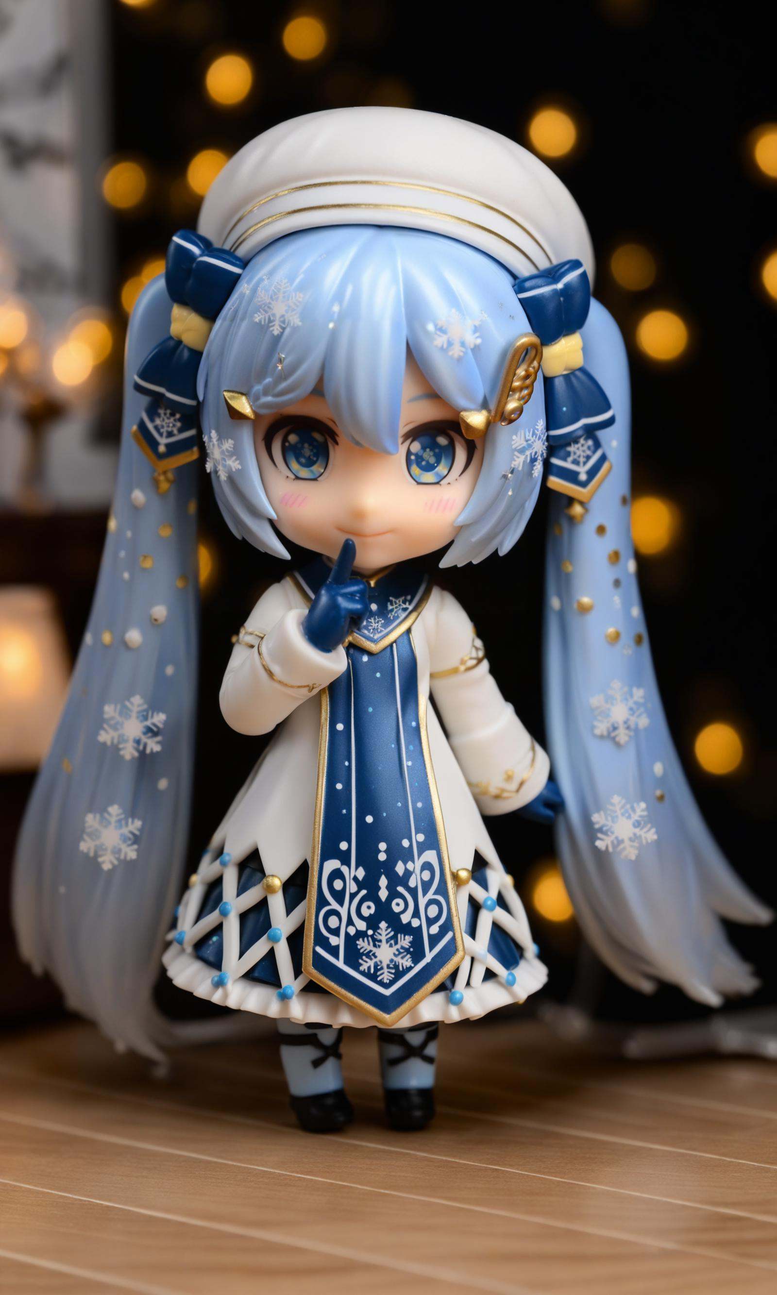 highly detailed figure,photo background,anime figure,surreal,chibi,nendoroid,1girl,yuki miku,hatsune miku,blue gloves,hat,blue eyes,blue hair,chibi,twintails,gloves,long hair,beret,hair ornament,snowflake print,solo,white headwear,smile,bow,dress,looking at viewer,blue bow,musical note hair ornament,light blue hair,very long hair,hair bow,white dress,treble clef,tabard,braid,gold trim,musical note,blurry,hand up,black background,capelet,blue tabard,finger to mouth,fur trim,standing,long sleeves,bokeh,snowflakes,blurry background,depth of field,a figurine with blue hair and blue eyes,q posket,nendoroid eyes,nendroid,half figure shot,high detail!!,style as nendoroid,with gorgeous detailed eyes,macro view,adorable appearance!!!,
