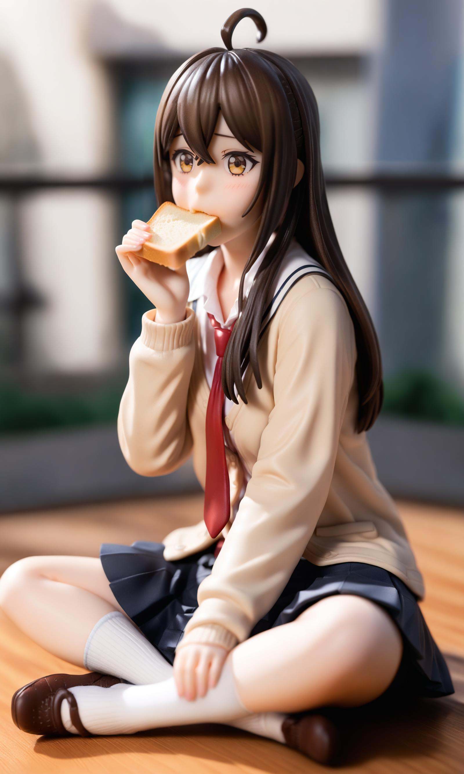 highly detailed figure ,photo background,anime figure,surreal,cinematic composition,soft shadows,Film grain,shallow depth of field,highly detailed,high budget,cinemascope,epic,color graded cinematic,atmospheric lighting,natural,1girl,food,solo,bread,socks,white socks,sitting,skirt,necktie,long hair,ahoge,looking at viewer,cardigan,blush,black skirt,brown hair,shirt,bread slice,eating,red necktie,toast,food in mouth,indian style,white shirt,brown cardigan,school uniform,holding,long sleeves,pleated skirt,hair between eyes,brown eyes,notice lines,holding food,sleeves past wrists,yellow eyes,mouth hold,crossed bangs,collared shirt,