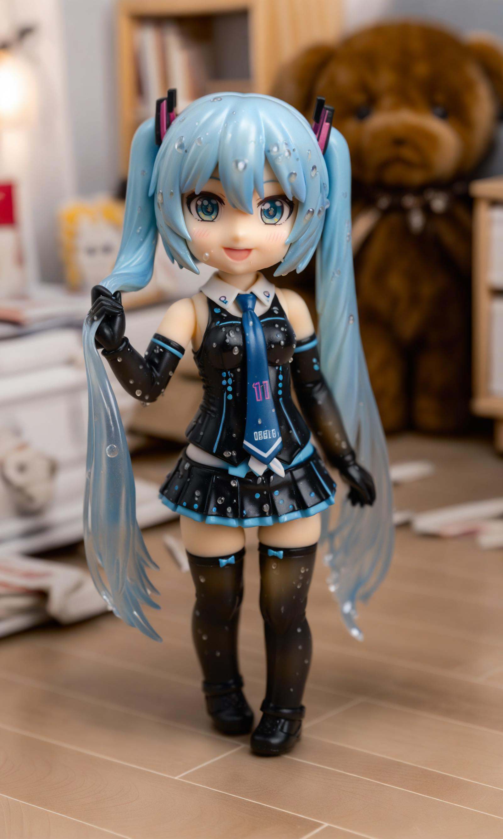 highly detailed figure,photo background,anime figure,surreal,nendoroid,1girl,hatsune miku,solo,breasts,twintails,necktie,detached collar,long hair,elbow gloves,gloves,wet,navel,looking at viewer,aqua hair,open mouth,smile,aqua eyes,black gloves,blue necktie,aqua necktie,stomach,hair between eyes,blush,holding hair,very long hair,bare shoulders,hand in own hair,hair ornament,holding,medium breasts,wet hair,:d,large breasts,full body,blurry background,depth of field,q posket,nendoroid eyes,nendroid,half figure shot,high detail!!,style as nendoroid,with gorgeous detailed eyes,macro view,adorable appearance!!!,