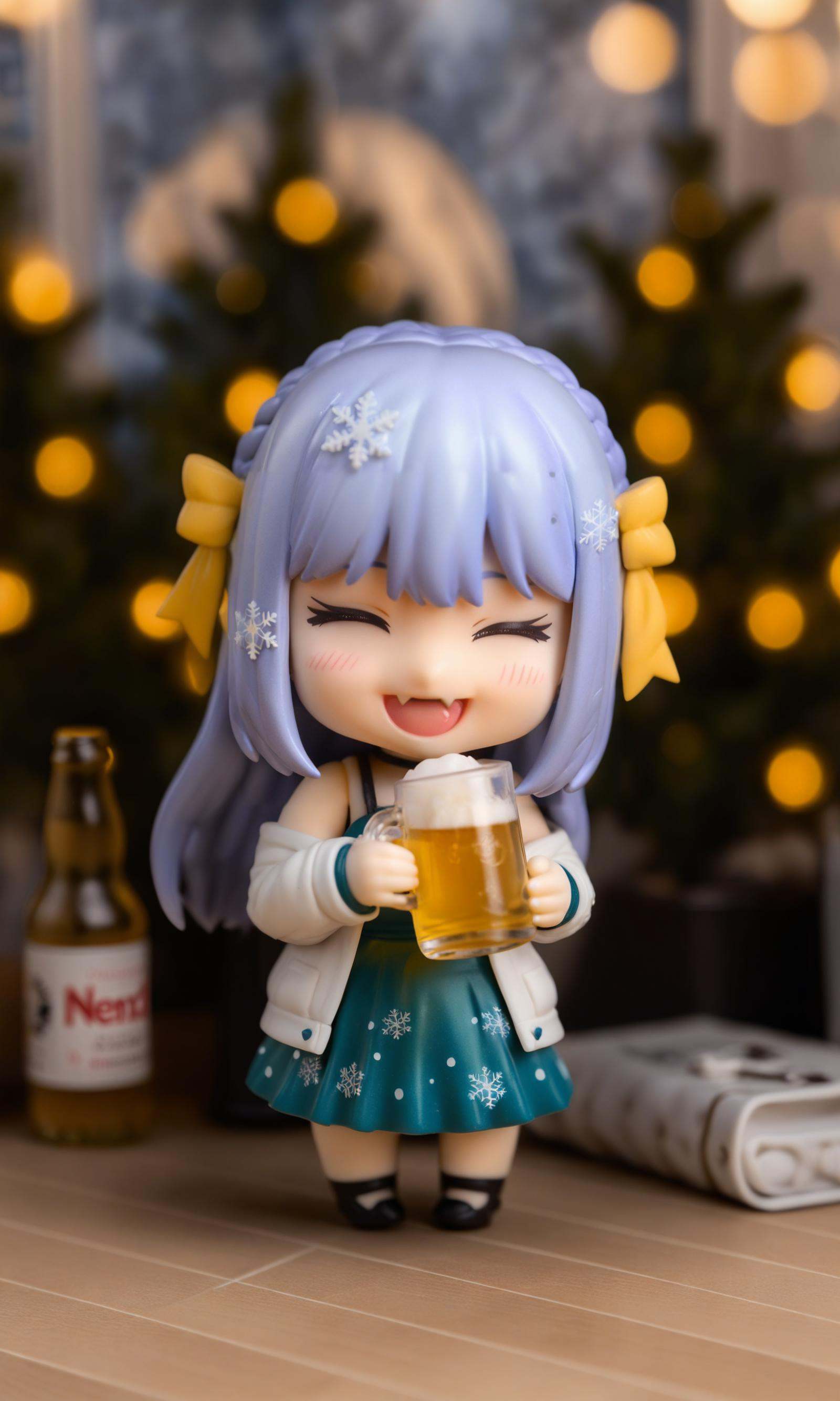 highly detailed figure,photo background,anime figure,surreal,chibi,nendoroid,1girl,solo,closed eyes,breasts,green dress,braid,jacket,holding,fang,alcohol,smile,white jacket,beer,purple hair,bangs,long hair,dress,open jacket,blush,cup,open mouth,open clothes,off shoulder,single braid,:d,skin fang,hair bow,blunt bangs,holding cup,strapsleeves,bokeh,snowflakes,blurry background,depth of field,a figurine with blue hair and blue eyes,q posket,nendoroid eyes,nendroid,half figure shot,high detail!!,style as nendoroid,with gorgeous detailed eyes,macro view,adorable appearance!!!,