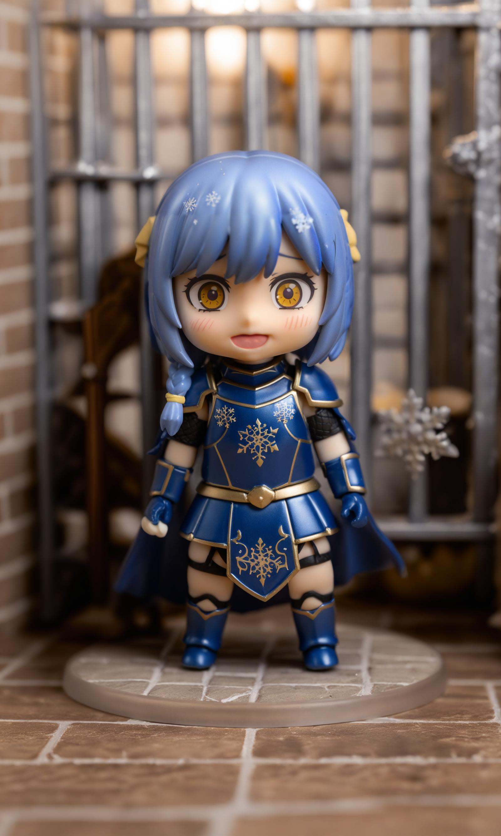 highly detailed figure,photo background,anime figure,surreal,chibi,nendoroid,1girl,solo,looking at viewer,long hair,blue hair,twin braids,hair ornament,yellow eyes,hair over shoulder,armor,breastplate,shoulder armor,plate armor,knight,indoors,dungeon,slave,prison,prison cell,brick wall,bars,dark,backlighting,dirty,sitting,upskirt,cameltoe,gloves,(armored dress),dress,cape,stone floor,on floor,(torn clothes:1.4),panties,pantyshot,torn cape,open mouth,wavy mouth,surprised,wide-eyed,tears,blush,nose blush,embarrassed,snowflakes,blurry background,depth of field,q posket,nendoroid eyes,nendroid,half figure shot,high detail!!,style as nendoroid,with gorgeous detailed eyes,macro view,adorable appearance!!!,