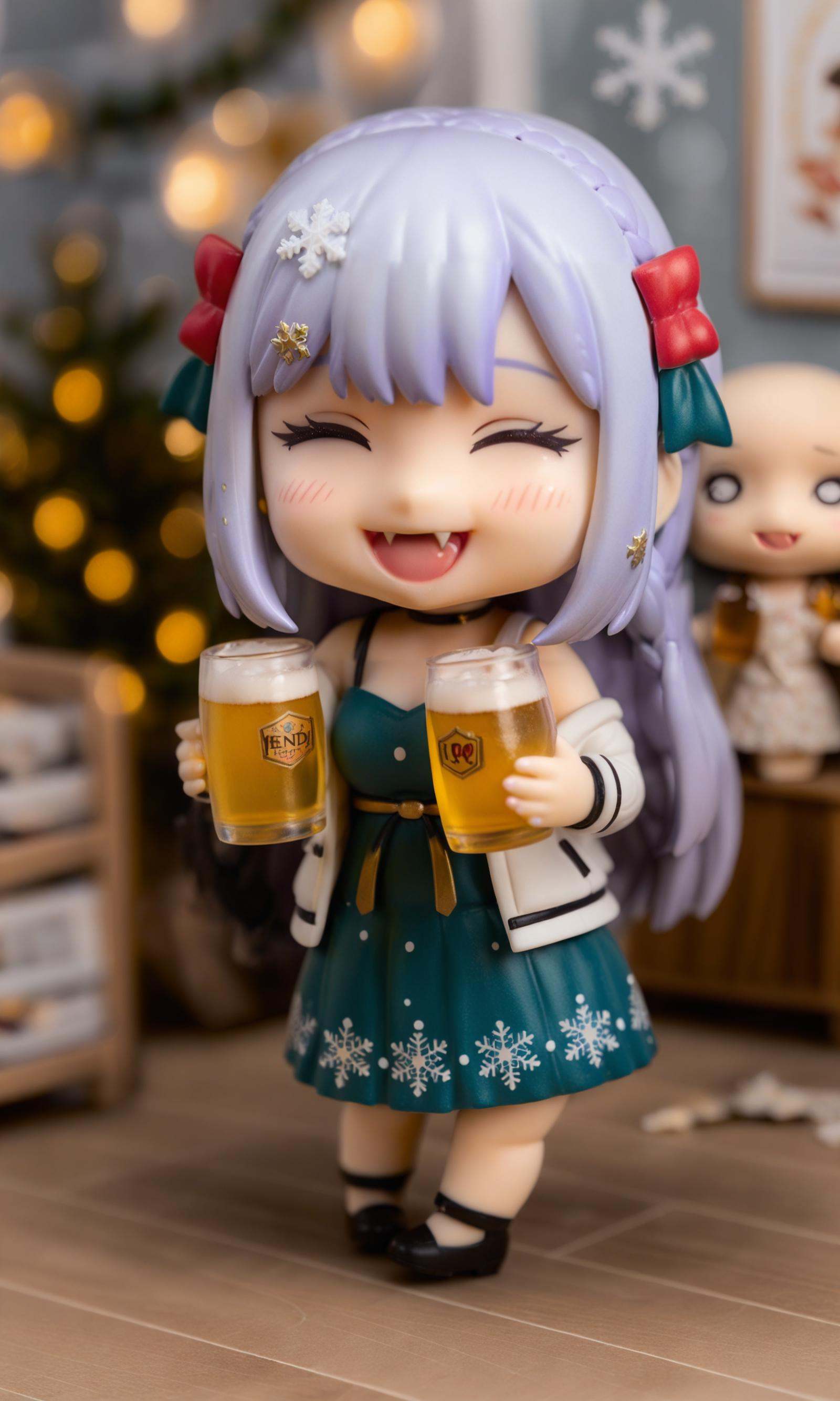 highly detailed figure,photo background,anime figure,surreal,chibi,nendoroid,1girl,solo,closed eyes,breasts,green dress,braid,jacket,holding,fang,alcohol,smile,white jacket,beer,purple hair,bangs,long hair,dress,open jacket,blush,cup,open mouth,open clothes,off shoulder,single braid,:d,skin fang,hair bow,blunt bangs,holding cup,strapsleeves,bokeh,snowflakes,blurry background,depth of field,q posket,nendoroid eyes,nendroid,half figure shot,high detail!!,style as nendoroid,with gorgeous detailed eyes,macro view,adorable appearance!!!,