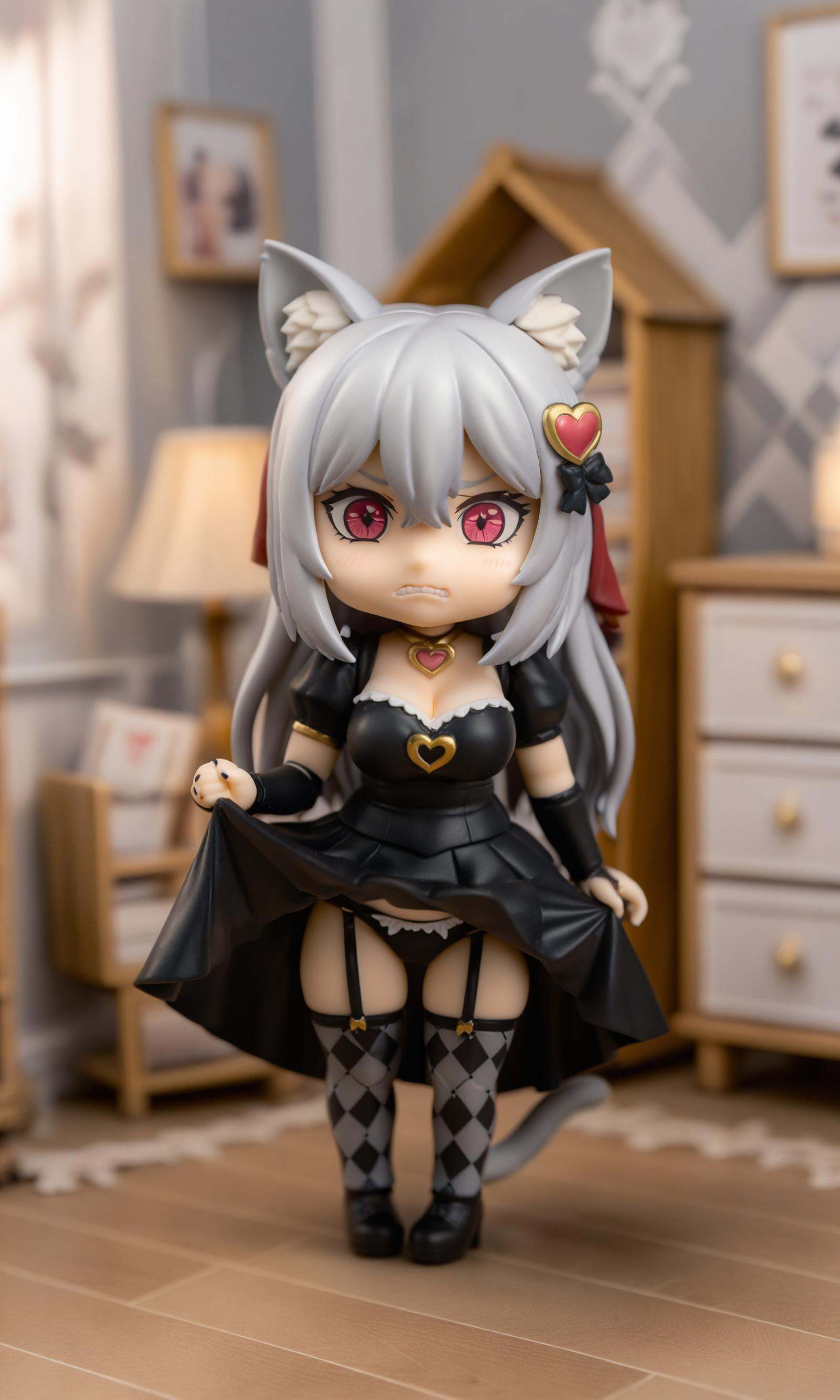 highly detailed figure,photo background,anime figure,surreal,1girl,solo,kirzeheart,long hair,grey hair,cat girl,cat tail,animal ear fluff,cowboy shot,thighs,thigh gap,hair between eyes,argyle,black skirt,argyle legwear,red hair bow,black dress,frills,puffy short sleeves,bridal gauntlets,heart hair ornament,cleavage,large breasts,frown,angry,clenched teeth,skirt lift,lifted by self,skirt hold,panties,hand up,clenched hand,spoken anger vein,indoors,castle interior,blurry background,depth of field,q posket,nendoroid eyes,nendroid,half figure shot,high detail!!,style as nendoroid,with gorgeous detailed eyes,macro view,