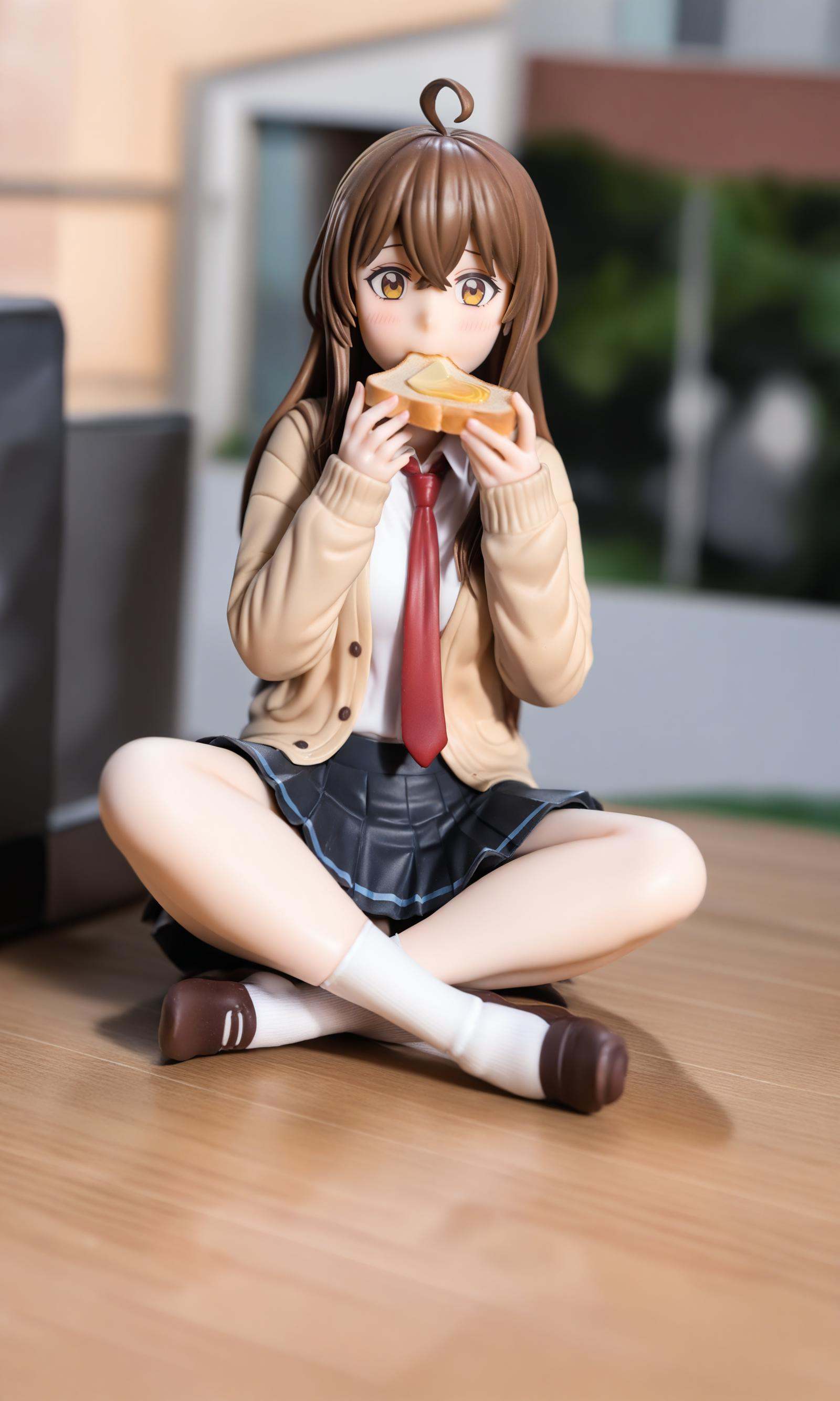 highly detailed figure,photo background,anime figure,surreal,1girl,food,solo,bread,socks,white socks,sitting,skirt,necktie,long hair,ahoge,looking at viewer,cardigan,blush,black skirt,brown hair,shirt,bread slice,eating,red necktie,toast,food in mouth,indian style,white shirt,brown cardigan,school uniform,holding,long sleeves,pleated skirt,hair between eyes,brown eyes,notice lines,holding food,sleeves past wrists,yellow eyes,mouth hold,crossed bangs,collared shirt,