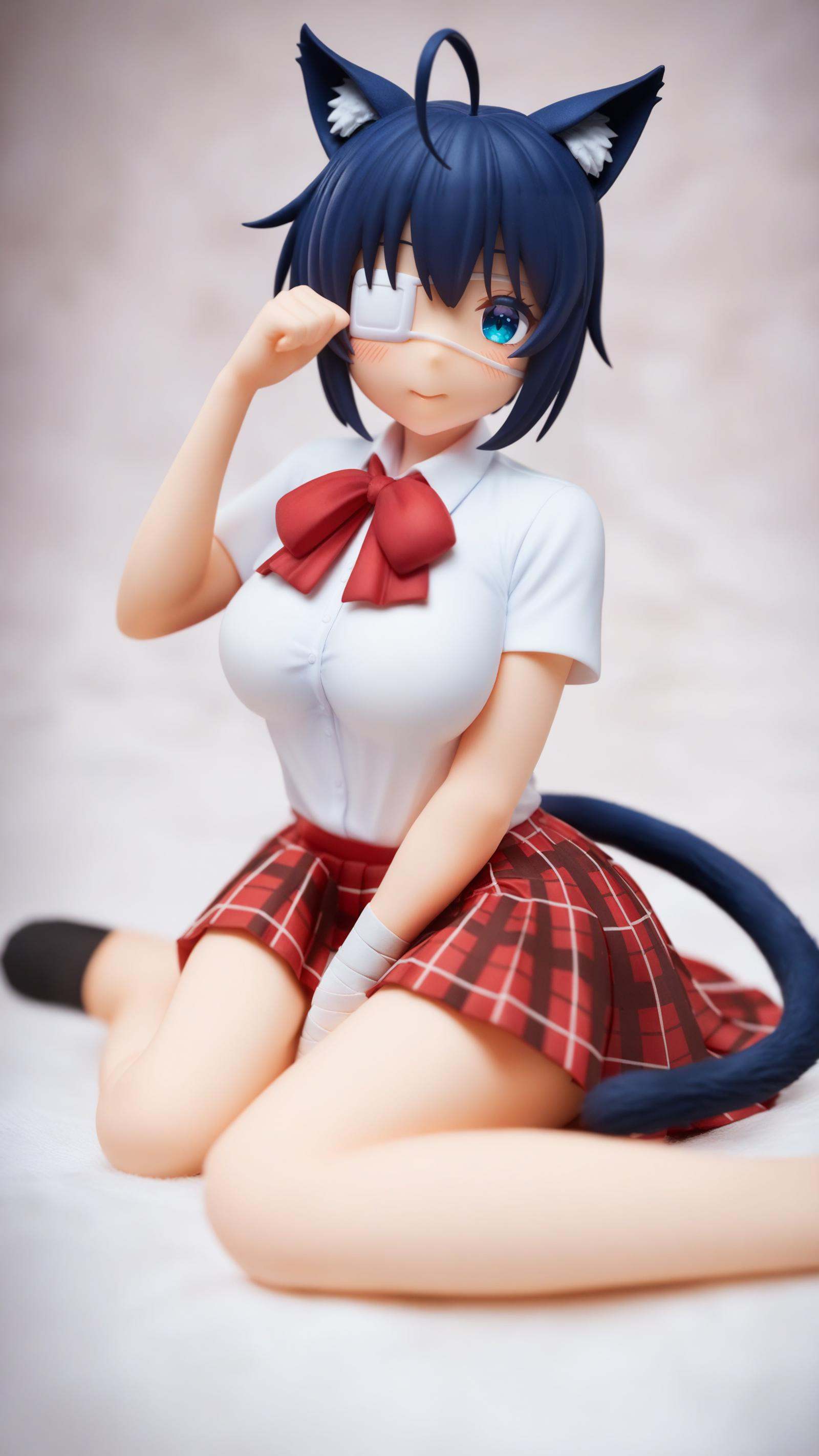 surreal,amazing quality,masterpiece,best quality,awesome,inspiring,cinematic composition,soft shadows,Film grain,shallow depth of field,highly detailed,high budget,cinemascope,epic,color graded cinematic,atmospheric lighting,imperfections,natural,shallow dof,<lora:takanashi_rikka:1>,takanashi_rikka,short_sleeves,medical_eyepatch,breasts,plaid_skirt,bowtie,hand_up,blush,hair_ornament,skirt,kemonomimi_mode,solo,red_bow,white_shirt,hair_bell,cat_girl,bandages,chuunibyou_demo_koi_ga_shitai!,1girl,pleated_skirt,eyepatch,medium_breasts,plaid,bow,cat_tail,animal_ears,smile,signature,school_uniform,tail,looking_at_viewer,yokozuwari,ahoge,red_skirt,animal_ear_fluff,icho_private_high_school_uniform,shirt,cat_ears,bell,sitting,