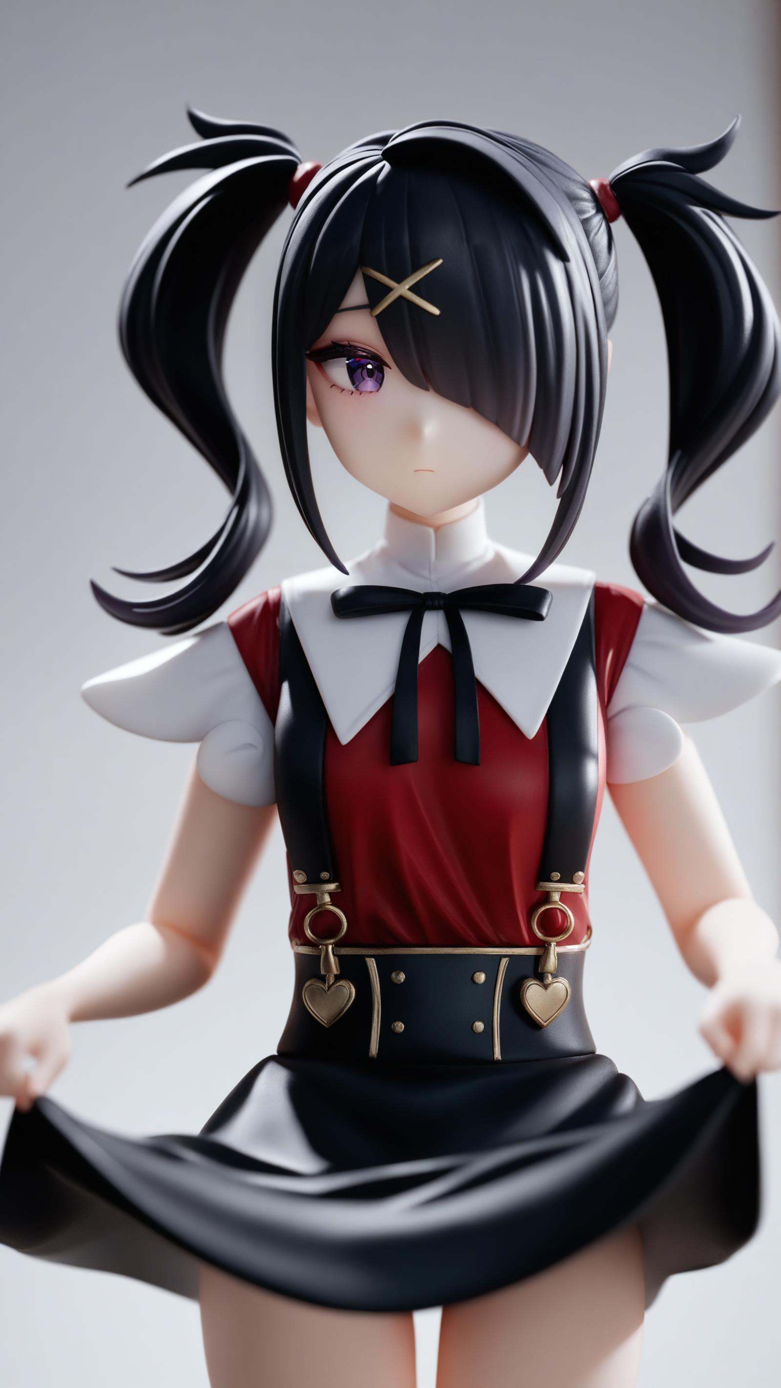 surreal,amazing quality,masterpiece,best quality,awesome,inspiring,cinematic composition,soft shadows,Film grain,shallow depth of field,highly detailed,high budget,cinemascope,epic,color graded cinematic,atmospheric lighting,imperfections,natural,shallow dof,<lora:ame-chan:1>,ame-chan \(needy girl overdose\),1girl,solo,twintails,black hair,purple eyes,hair over one eye,white background,suspender skirt,simple background,black skirt,looking at viewer,lifted by self,skirt lift,short sleeves,bangs,x hair ornament,one eye covered,black ribbon,cowboy shot,red shirt,closed mouth,