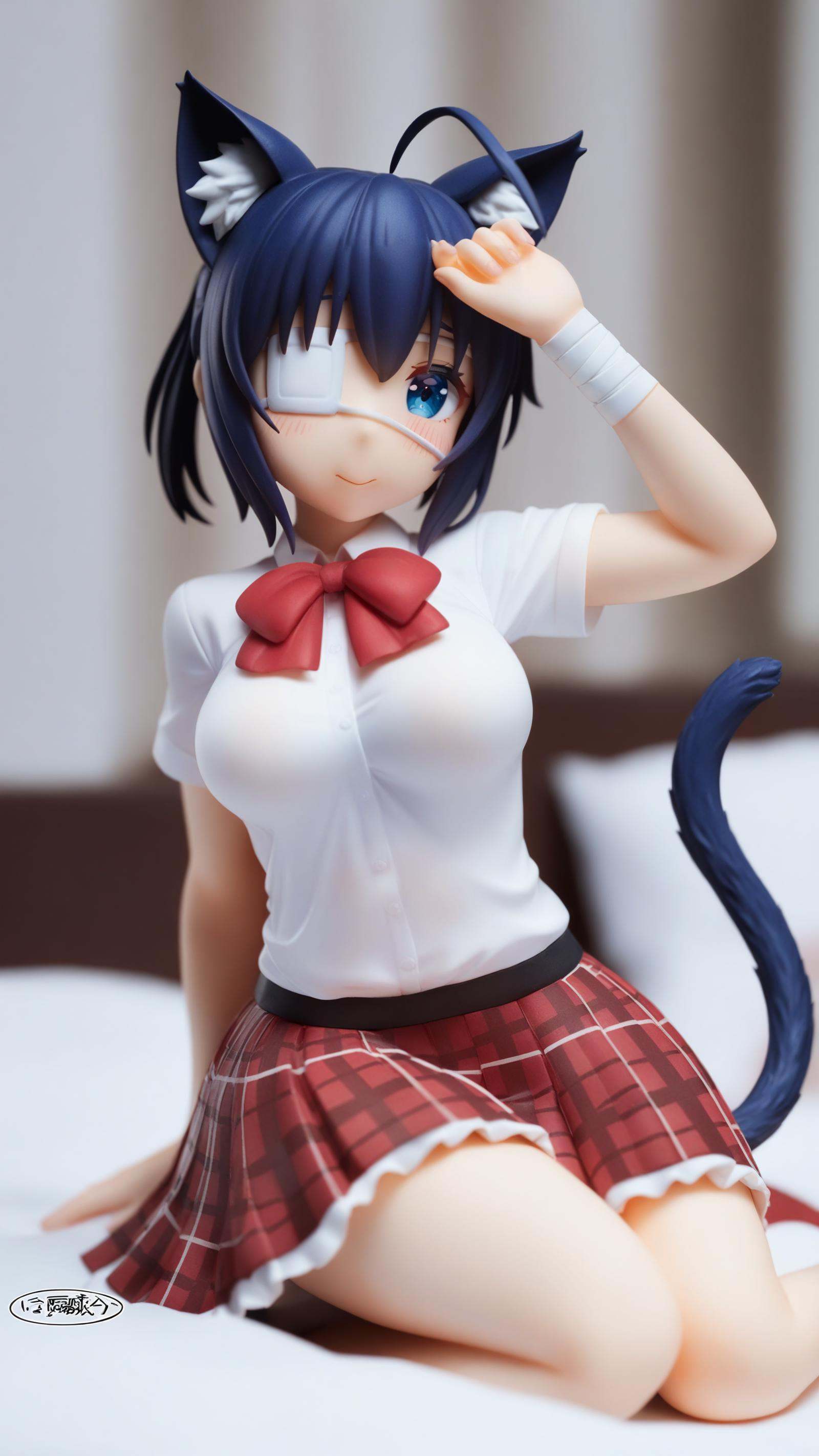surreal,amazing quality,masterpiece,best quality,awesome,inspiring,cinematic composition,soft shadows,Film grain,shallow depth of field,highly detailed,high budget,cinemascope,epic,color graded cinematic,atmospheric lighting,imperfections,natural,shallow dof,<lora:takanashi_rikka:1>,takanashi_rikka,short_sleeves,medical_eyepatch,breasts,plaid_skirt,bowtie,hand_up,blush,hair_ornament,skirt,kemonomimi_mode,solo,red_bow,white_shirt,hair_bell,cat_girl,bandages,chuunibyou_demo_koi_ga_shitai!,1girl,pleated_skirt,eyepatch,medium_breasts,plaid,bow,cat_tail,animal_ears,smile,signature,school_uniform,tail,looking_at_viewer,yokozuwari,ahoge,red_skirt,animal_ear_fluff,icho_private_high_school_uniform,shirt,cat_ears,bell,sitting,chibi,