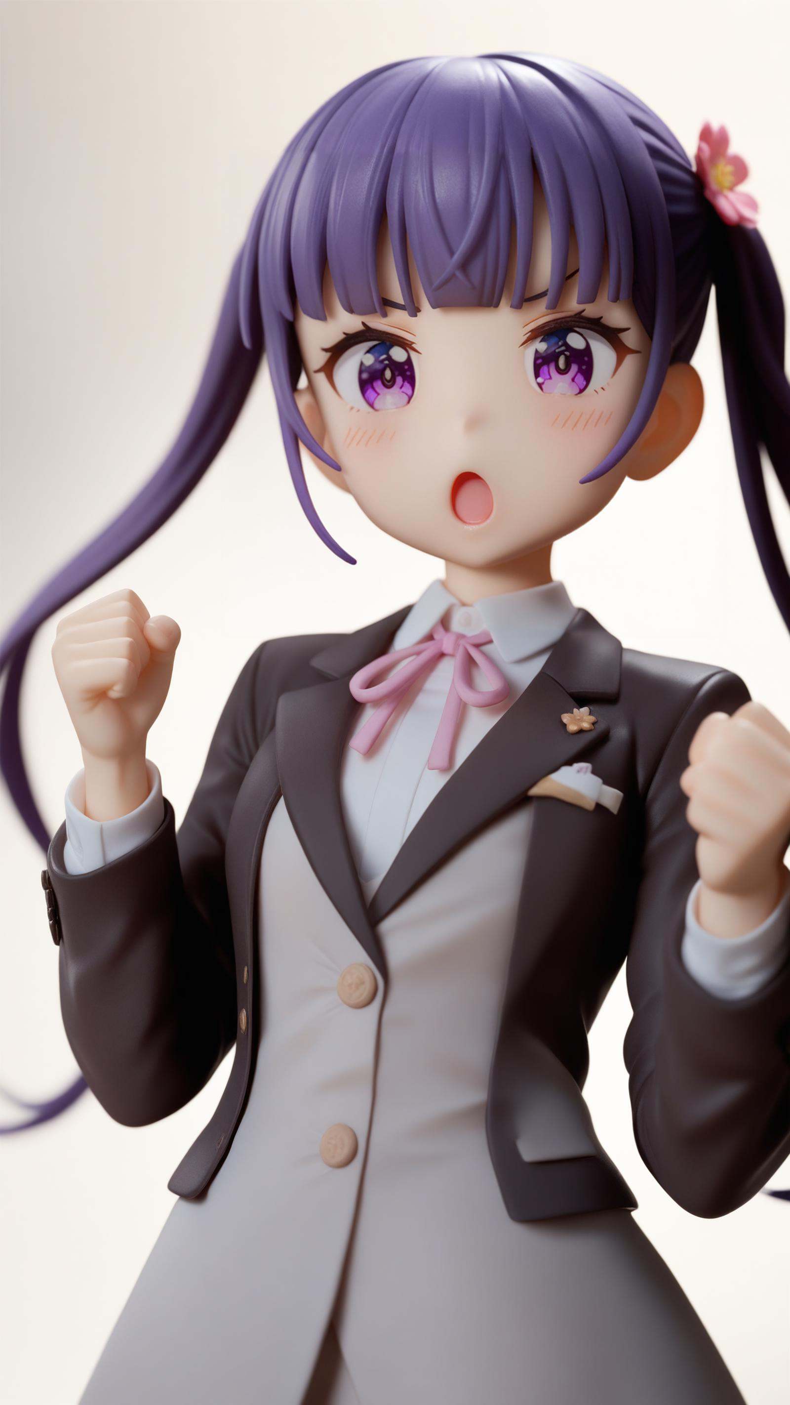 surreal,amazing quality,masterpiece,best quality,awesome,inspiring,cinematic composition,soft shadows,Film grain,shallow depth of field,highly detailed,high budget,cinemascope,epic,color graded cinematic,atmospheric lighting,imperfections,natural,shallow dof,suzukaze aoba, 1girl, solo, twintails, purple eyes, long hair, white background, purple hair, shirt, looking at viewer, open mouth, simple background, ribbon, neck ribbon, jacket, white shirt, hair ornament, upper body, collared shirt, clenched hands, long sleeves, flower, blush, hair flower, suit, pink ribbon, formal, :o, v-shaped eyebrows, blunt bangs, dress shirt