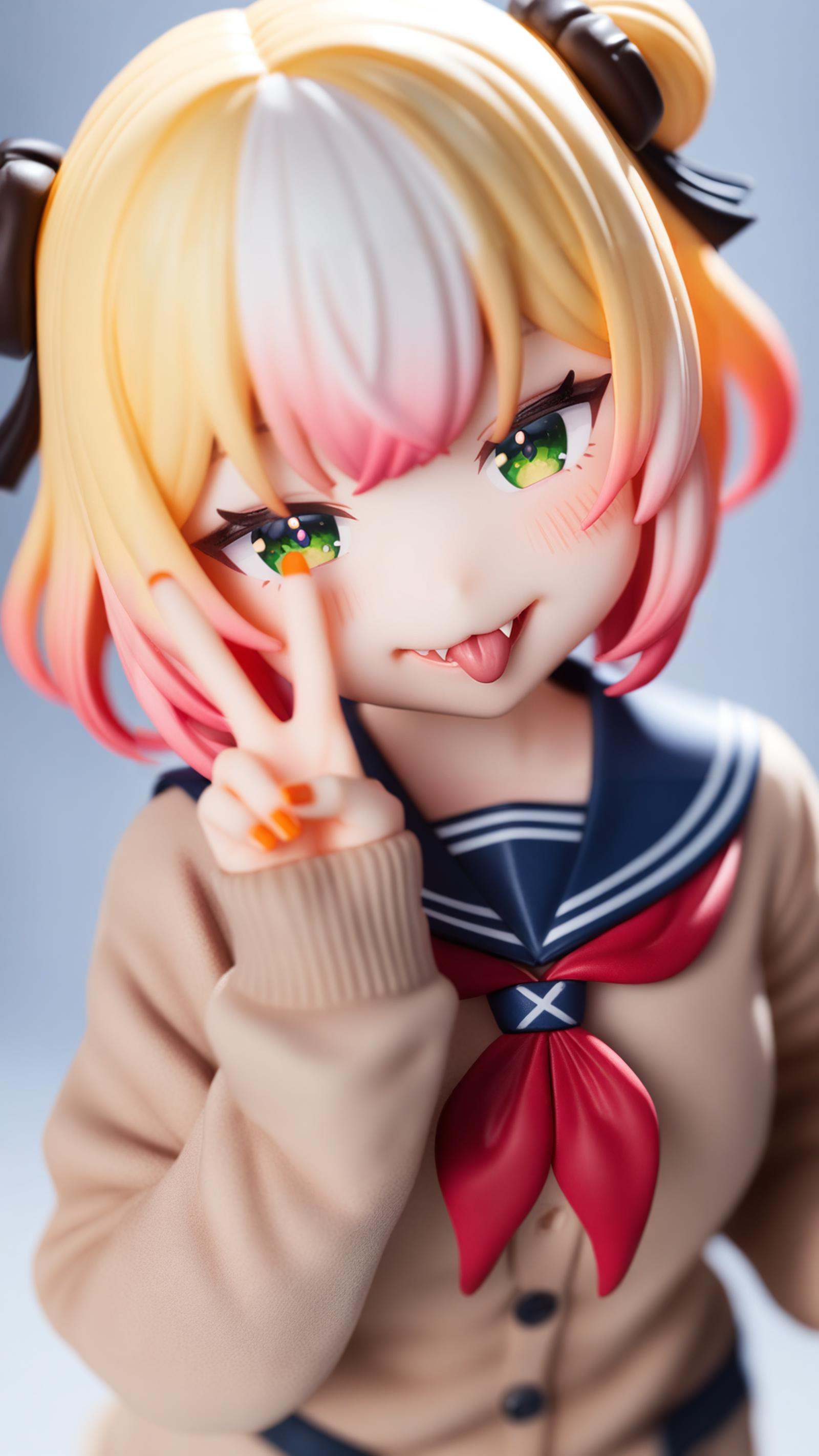 surreal,amazing quality,masterpiece,best quality,awesome,inspiring,cinematic composition,soft shadows,Film grain,shallow depth of field,highly detailed,high budget,cinemascope,epic,color graded cinematic,atmospheric lighting,imperfections,natural,shallow dof,momosuzu nene,1girl,virtual youtuber,blonde hair,green eyes,tongue out,official alternate hairstyle,tongue,official alternate hair length,solo,short hair,neckerchief,red neckerchief,white background,looking at viewer,simple background,upper body,:p,official alternate costume,sailor collar,nail polish,long sleeves,v,multicolored hair,orange nails,smile,head tilt,blush,pink hair,v over eye,brown cardigan,cardigan,gradient hair,frills,sleeves past wrists,fang,sweater,