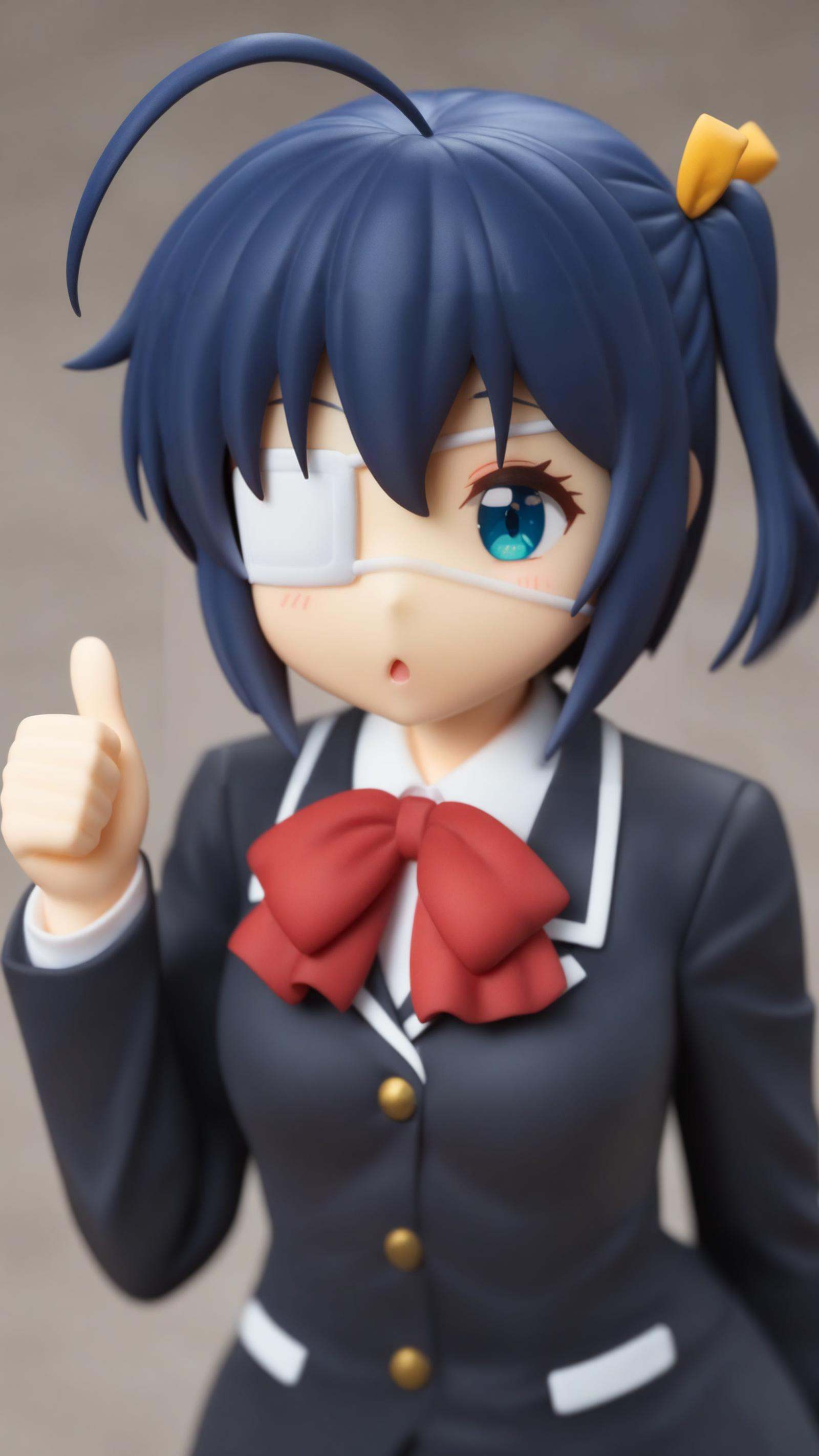 surreal,amazing quality,masterpiece,best quality,awesome,inspiring,cinematic composition,soft shadows,Film grain,shallow depth of field,highly detailed,high budget,cinemascope,epic,color graded cinematic,atmospheric lighting,imperfections,natural,shallow dof,<lora:takanashi_rikka:1>,takanashi_rikka,hair_bow,medical_eyepatch,jacket,one_side_up,red_bowtie,bowtie,hair_ornament,solo,red_bow,long_sleeves,chuunibyou_demo_koi_ga_shitai!,1girl,sparkling_daydream,eyepatch,bow,blazer,transparent_background,upper_body,ribbon,school_uniform,ahoge,hair_ribbon,icho_private_high_school_uniform,black_jacket,flat_color,thumbs up,