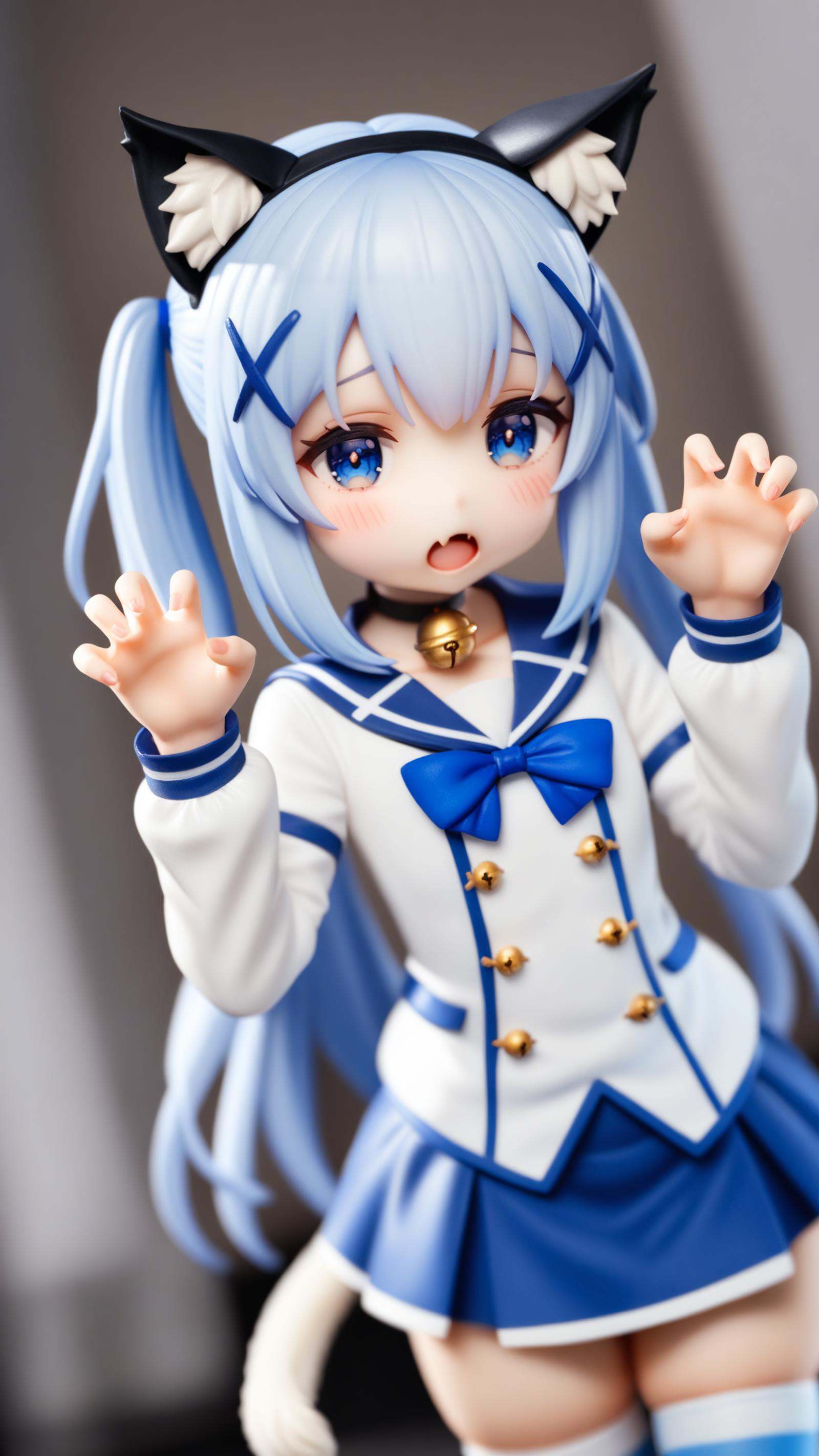 surreal,amazing quality,masterpiece,best quality,awesome,inspiring,cinematic composition,soft shadows,Film grain,shallow depth of field,highly detailed,high budget,cinemascope,epic,color graded cinematic,atmospheric lighting,imperfections,natural,shallow dof,kafuu chino,1girl,animal ears,thighhighs,solo,blue eyes,bell,cat ears,long hair,tail,striped thighhighs,x hair ornament,blue hair,sailor collar,neck bell,striped clothes,cat tail,skirt,fang,open mouth,twintails,jingle bell,hair ornament,bow,choker,shirt,looking at viewer,white shirt,blue sailor collar,tail ornament,long sleeves,skin fang,jacket,hairband,animal ear fluff,cat girl,blush,claw pose,collarbone,black choker,blue bow,