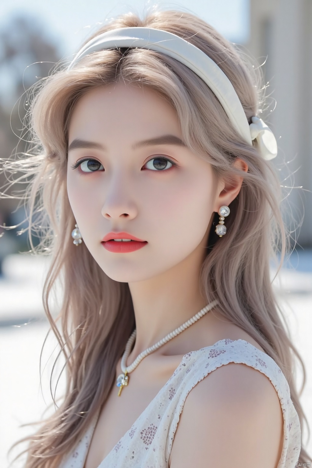 1girl,goddess,realistic,(Best quality, 8k, 32k, Masterpiece, UHD:1.2),beautiful big eyes,round eyes,pretty face,very long hair,silver hair,white hairband,from front,best quality,((realistic)),high quality,ultra detailed,((Real picture)),((realistic skin)),((realistic face)),((realistic body)),sidelighting,naturalm,[(detailed face:1.2):0.2],shiny eyes,looking at viewer,delicate,high quality,colorful,(photography, photorealistic:1.1),(perfect face:1.4),(lora:zrmswtt:0.95),dynamic angle,movie lighting,portrait,high definition image quality,sexy,22(yo),beautiful body,(RAW photo, best quality),(realistic, realistic:1.3),Perfect face,beautiful face,perfect eyes,beautiful eyes,very long hair,silver hair,white hairband,crystal earrings,cross necklace,white wedding dress,winter,snowy day,outdoor,baroque church,