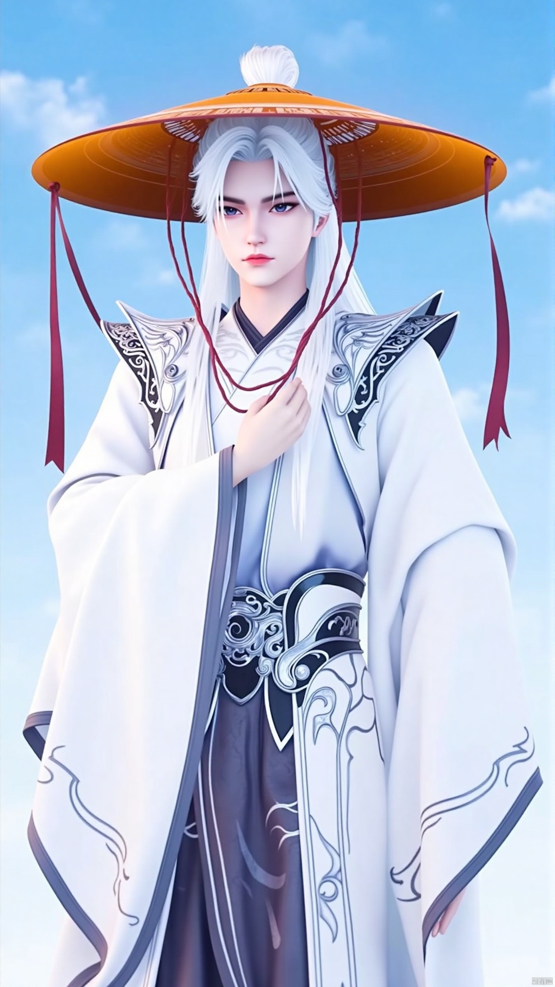The image is a digital illustration of a young woman wearing a traditional Chinese outfit. She is standing in front of a blue sky with white clouds. The woman has long white hair that is styled in a half-up, half-down look and is wearing a large orange hat with a white feather on top. The hat has a wide brim and two red tassels hanging from the sides. She also has a white robe with intricate silver designs on the sleeves and a belt with a silver buckle. The outfit appears to be made of a light-colored fabric with a high collar and long sleeves. The overall style of the outfit is elegant and regal.