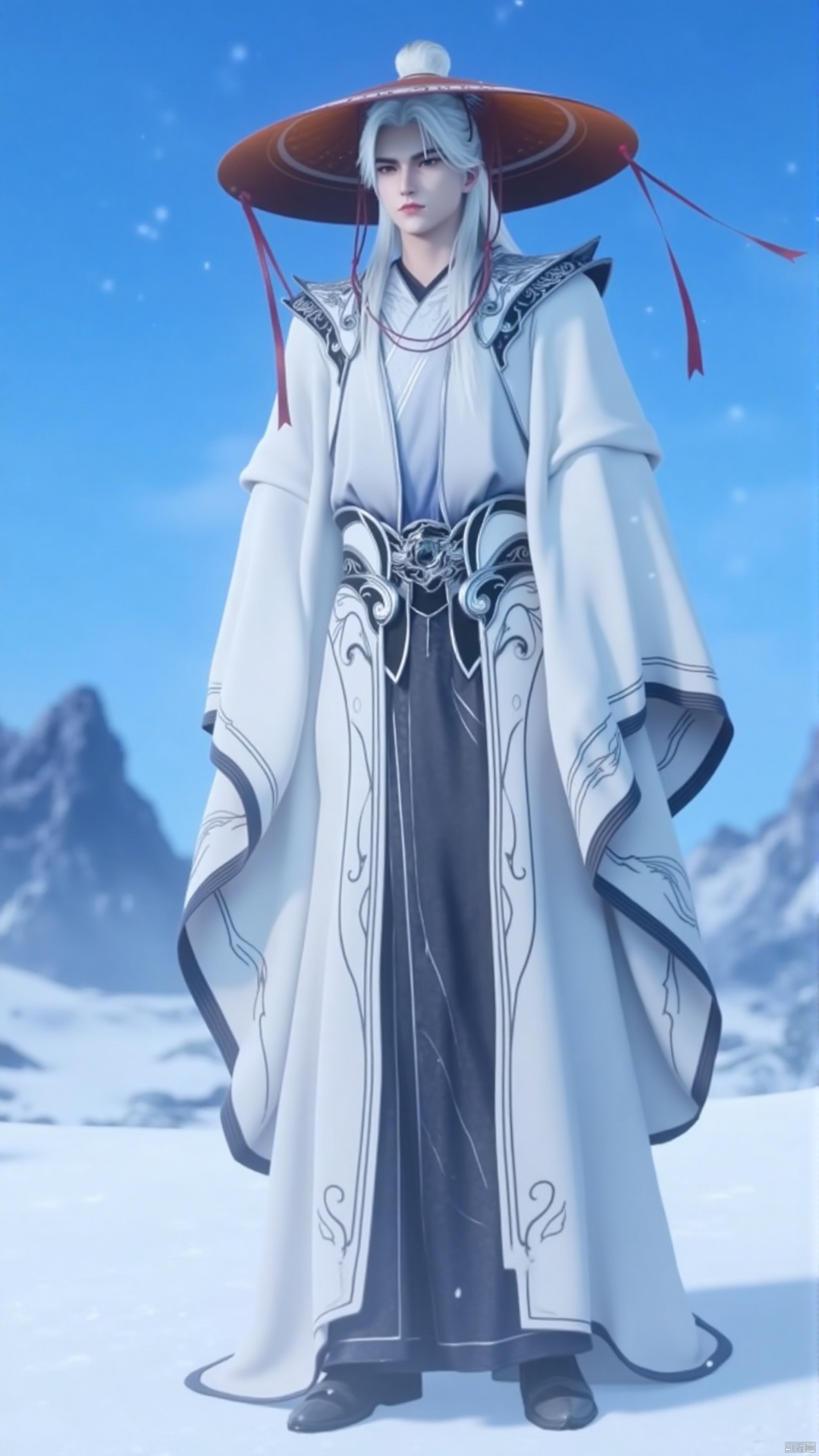 The image shows a young man standing in a snowy landscape with mountains in the background. He is wearing a long, flowing white robe with intricate black designs on the sleeves and cuffs. The robe has a high collar and long sleeves, and the man is also wearing a large red hat with a wide brim. He has long white hair and is looking off to the side with a serious expression on his face. The sky is blue and there are snowflakes falling from the sky. The overall mood of the image is peaceful and serene.
