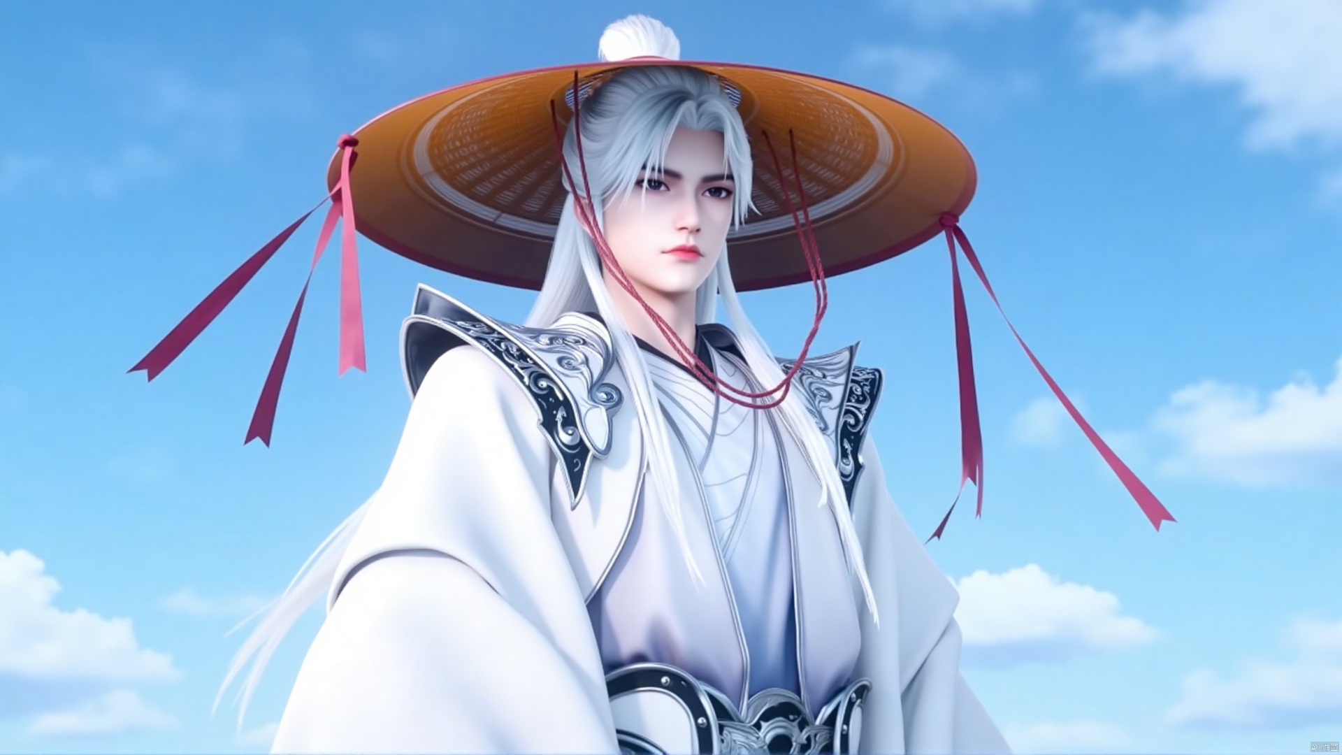 The image is a digital illustration of a young woman wearing a traditional Chinese outfit. She is standing in front of a blue sky with white clouds. The woman has long white hair that is styled in a half-up, half-down look and is wearing a large orange hat with a white feather on top. The hat has a wide brim and two red tassels hanging from the sides. She also has a white robe with intricate silver designs on the sleeves and a belt with a silver buckle. The outfit appears to be made of a light-colored fabric with a high collar and long sleeves. The overall style of the outfit is elegant and regal.