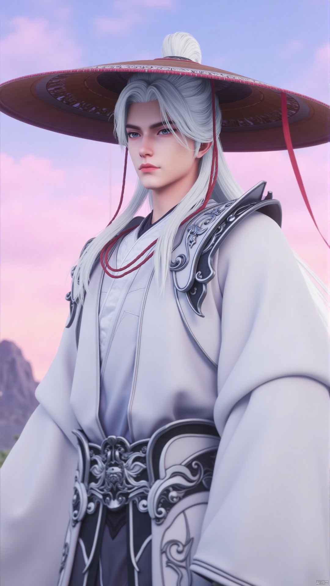 The image is a digital illustration of a young man with white hair and a large hat. He is wearing a traditional Chinese outfit with a white robe and a red necklace. The man is standing in front of a pink and blue sky with a mountain in the background. He has a serious expression on his face and is looking directly at the camera. The hat is large and wide, with a wide brim and a pointed top. The overall style of the outfit is reminiscent of traditional Chinese clothing.