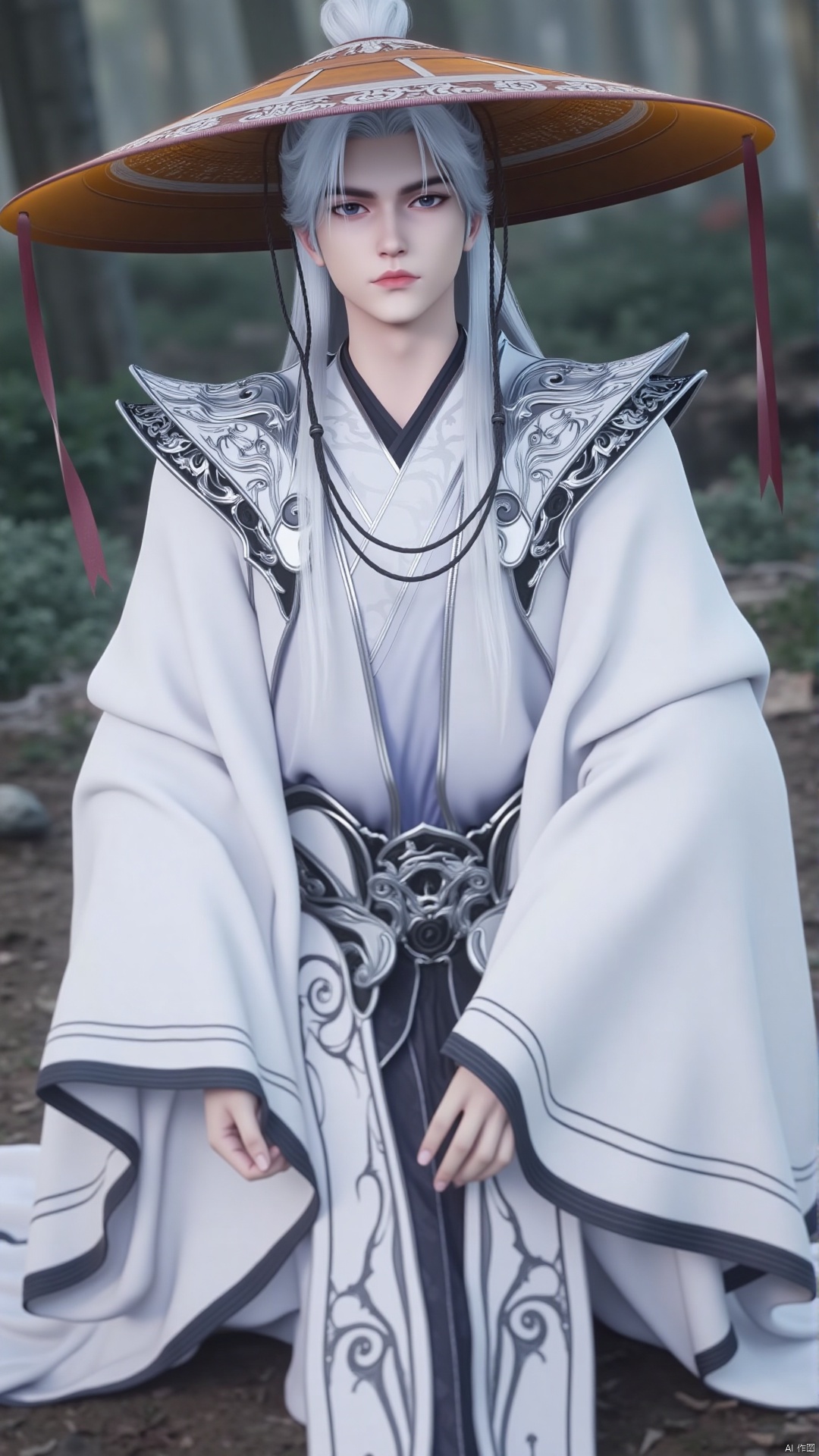 The image is a digital illustration of a young man wearing a traditional Chinese outfit. He is sitting on the ground with his legs crossed and his hands resting on his knees. The outfit is white with intricate black and silver designs on the shoulders and sleeves. The man has long white hair and is wearing a large, wide-brimmed hat with a pom-pom on top. He has a serious expression on his face and is looking directly at the camera. The background is blurred, but it appears to be a wooded area with trees and bushes. The overall mood of the image is peaceful and serene.