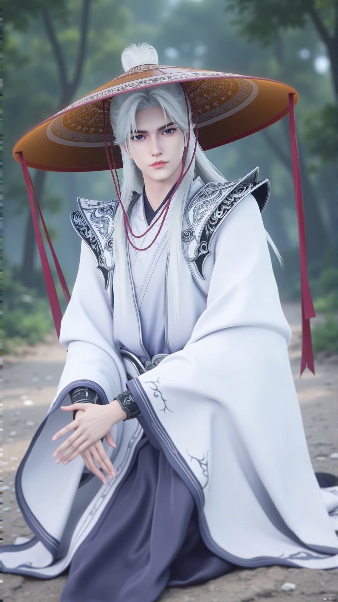The image is a digital illustration of a young man wearing a traditional Chinese outfit. He is sitting on the ground with his legs crossed and his hands resting on his knees. The outfit is white with intricate black and silver designs on the shoulders and sleeves. The man has long white hair and is wearing a large, wide-brimmed hat with a pom-pom on top. He has a serious expression on his face and is looking directly at the camera. The background is blurred, but it appears to be a wooded area with trees and bushes. The overall mood of the image is peaceful and serene.