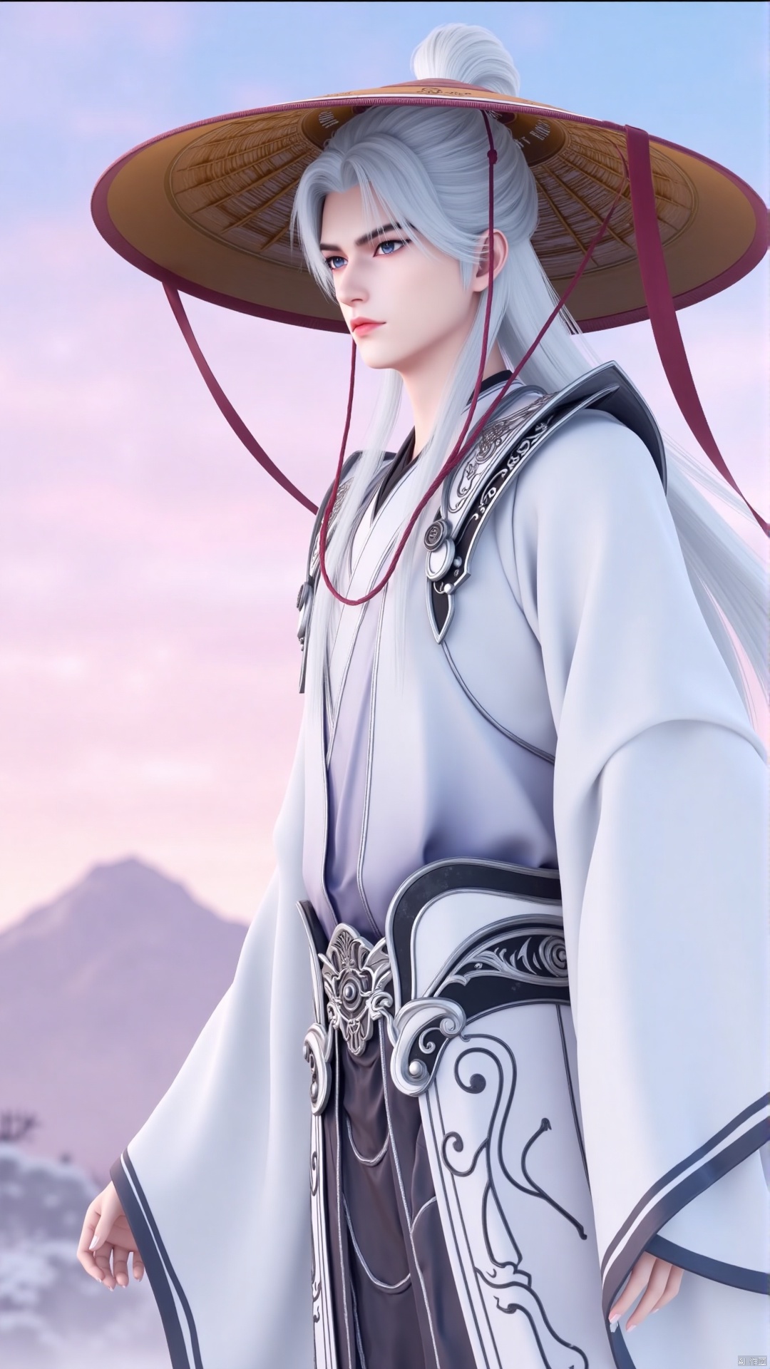 The image is a digital illustration of a young man with white hair and a large hat. He is wearing a traditional Chinese outfit with a white robe and a red necklace. The man is standing in front of a pink and blue sky with a mountain in the background. He has a serious expression on his face and is looking directly at the camera. The hat is large and wide, with a wide brim and a pointed top. The overall style of the outfit is reminiscent of traditional Chinese clothing.