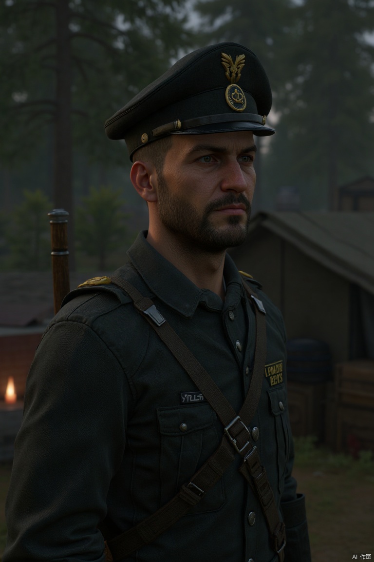  ((Best Quality)), ((Masterpiece)), (Very detailed:1.3), 
1man  ,Game character  ,This is also a scene from the game "Dying Light 2: Battle of Man and Benevolence"  ,the picture shows a male character in uniform and wearing a hat , standing in a camp like scene  ,and some miscellaneous items in the background  ,His eyes were deep and sharp , The facial contour is tough  Extremely charming.  With a calm temperament , Game screenshot  ,3D