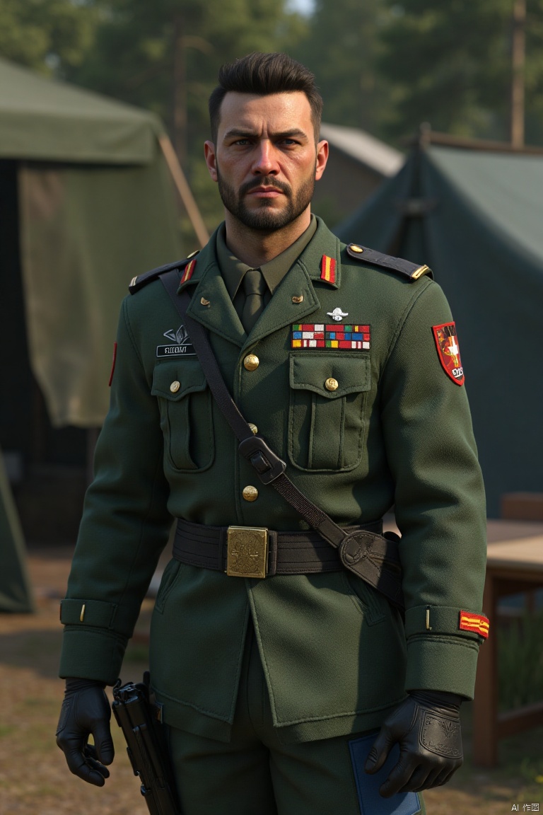 ((Best Quality)), ((Masterpiece)), (Very detailed:1.3), 
1man ,Game character,3D,the picture shows a male character in uniform, standing in a camp like scene ,and some miscellaneous items in the background ,His eyes were deep and sharp , The facial contour is tough Extremely charming,With a calm temperament 