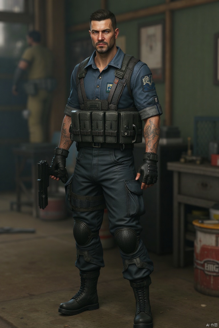 ((Best Quality)), ((Masterpiece)), (Very detailed:1.3), 
1man ,Game character,3D,the picture shows a male character in uniform, standing in a camp like scene ,and some miscellaneous items in the background ,His eyes were deep and sharp , The facial contour is tough Extremely charming,With a calm temperament 