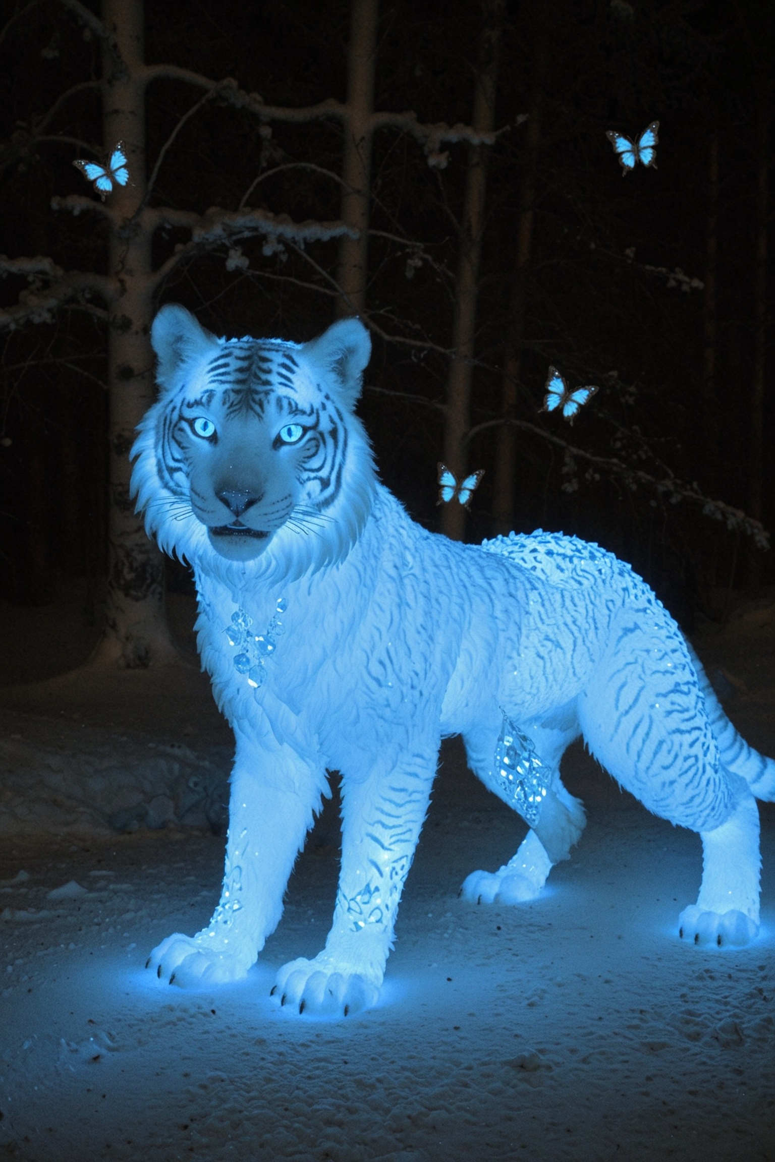 create a blue glowing wolf tiger hybrid creature with blue glowing eyes made from crystals and pieces of shiny chorme meta...
