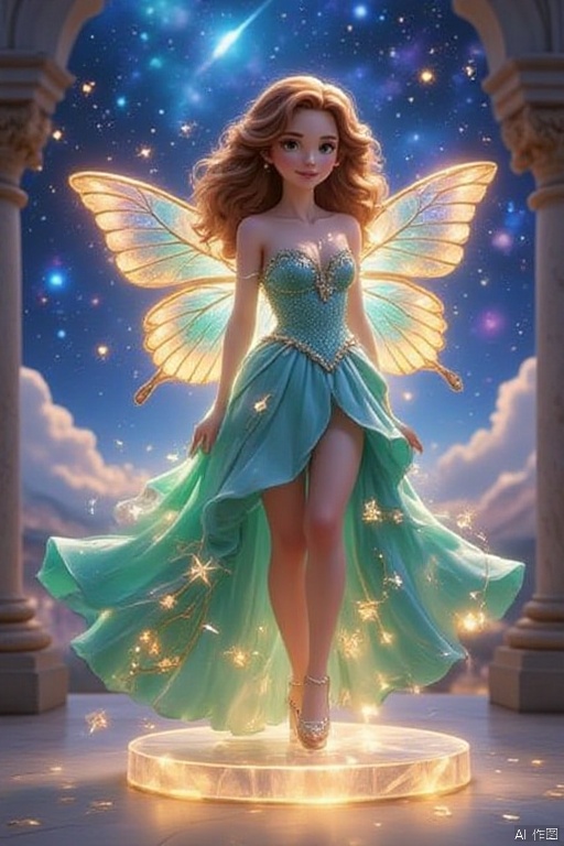 Disney style, a young princess with chestnut curls cascading over a mint-green satin gown stands on a floating crystal platform, her dress embroidered with luminescent vines that pulse in rhythm with the twinkling constellations above, oversized butterfly wings crafted from stained glass refract rainbow beams across the marble pillars of a celestial palace, tiny star sprites dancing around her pearl-encrusted slippers as a comet streaks through the nebula-filled sky.

adding to the warm and serene atmosphere of the scene. The background features a mountainous landscape,shrouded in mist,with a soft,glowing light that suggests either dawn or dusk. The overall color palette of theimage is a mix of cool blues and warm yellows,creating a harmonious and tranquil ambiance. The paper art piece is placed on a flat surface,possibly a table or a desk,and the entire scene is bathed in a soft,ethereal light,giving it a dreamlike quality.