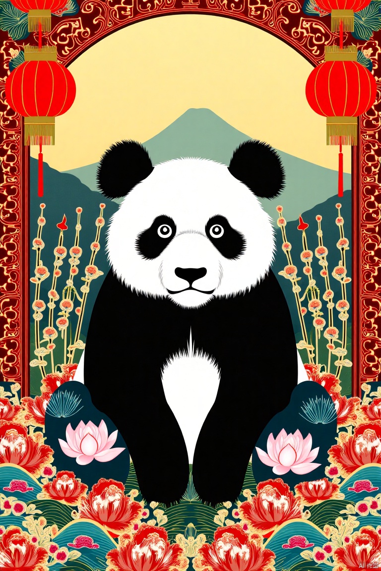 A vibrant collage art piece featuring a giant panda amidst Sichuan-inspired motifs. Framed in a warm golden light, the panda sits serenely amidst a backdrop of red-and-gold lanterns and intricate silk patterns. A scattering of lotus flowers and bamboo stalks surround the panda, while a misty mountain range looms in the distance, evoking the rolling hills of Sichuan province. The overall composition is balanced by a subtle blend of textures and colors, inviting the viewer to step into this harmonious fusion of Eastern cultures.