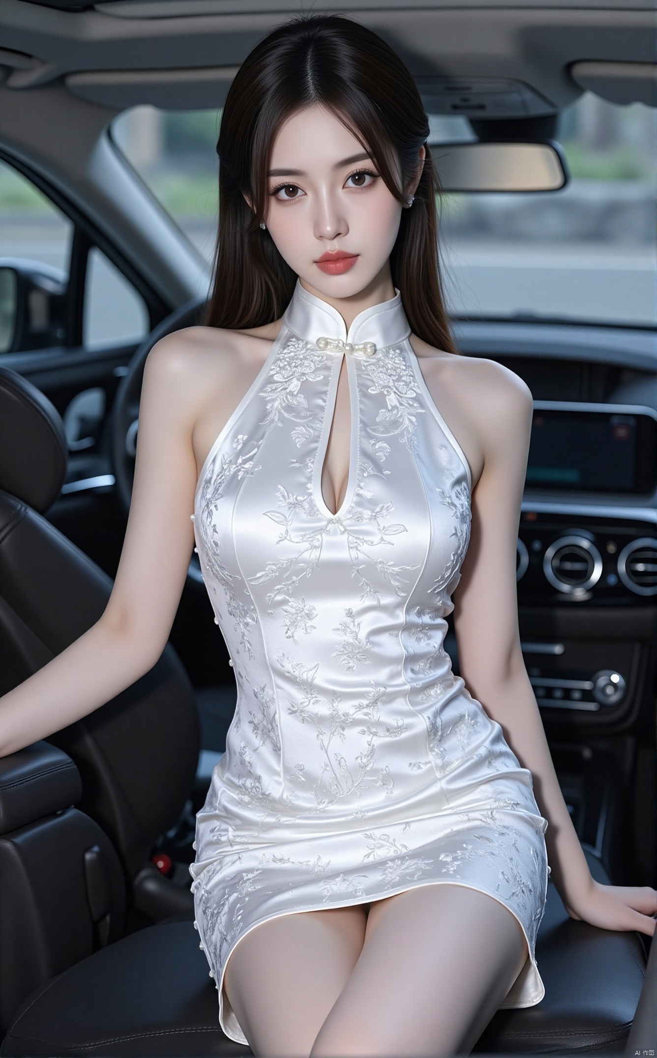 1girl, solo, long hair, breasts, looking at viewer, brown hair, dress, bare shoulders, brown eyes, sitting, sleeveless, white dress, lips, sleeveless dress, chinese clothes, short dress, crossed legs, ground vehicle, china dress, motor vehicle, realistic, car, car interior,cheongsam