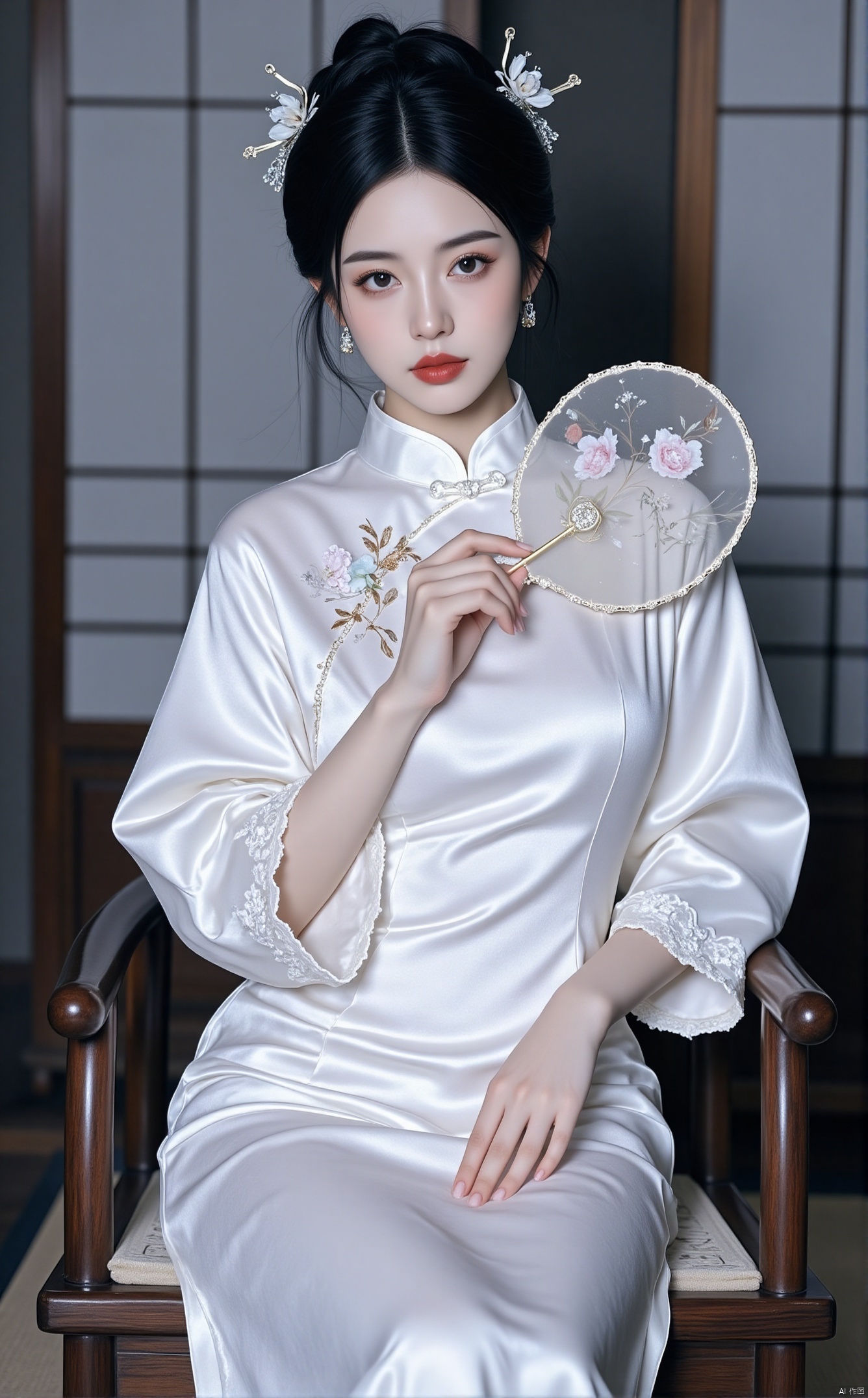 1girl, solo, looking at viewer, black hair, hair ornament, long sleeves, dress,jewelry, sitting, flower, earrings, indoors, hair bun, white dress, makeup, chair, chinese clothes, single hair bun, red lips, hair stick, holding fan,cheongsam