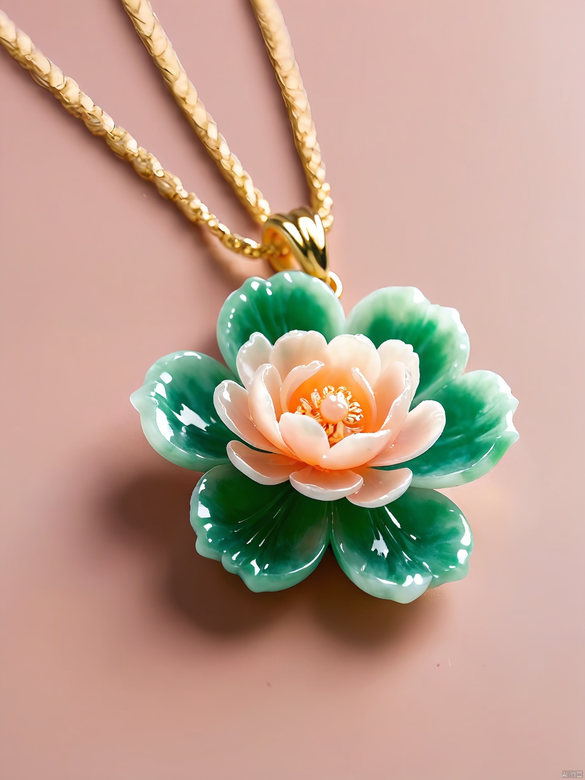 YSCZ, A jade pendant in the shape of a peony flower, its petals delicately carved and layered to resemble the real thing. The pendant's translucent quality captures the light beautifully, enhancing its intricate details and natural beauty. It hangs from a fine gold chain, the metal's shine adding a touch of elegance to the piece. The background is a soft, blush pink, harmonizing with the jade's natural tones and evoking a sense of springtime.