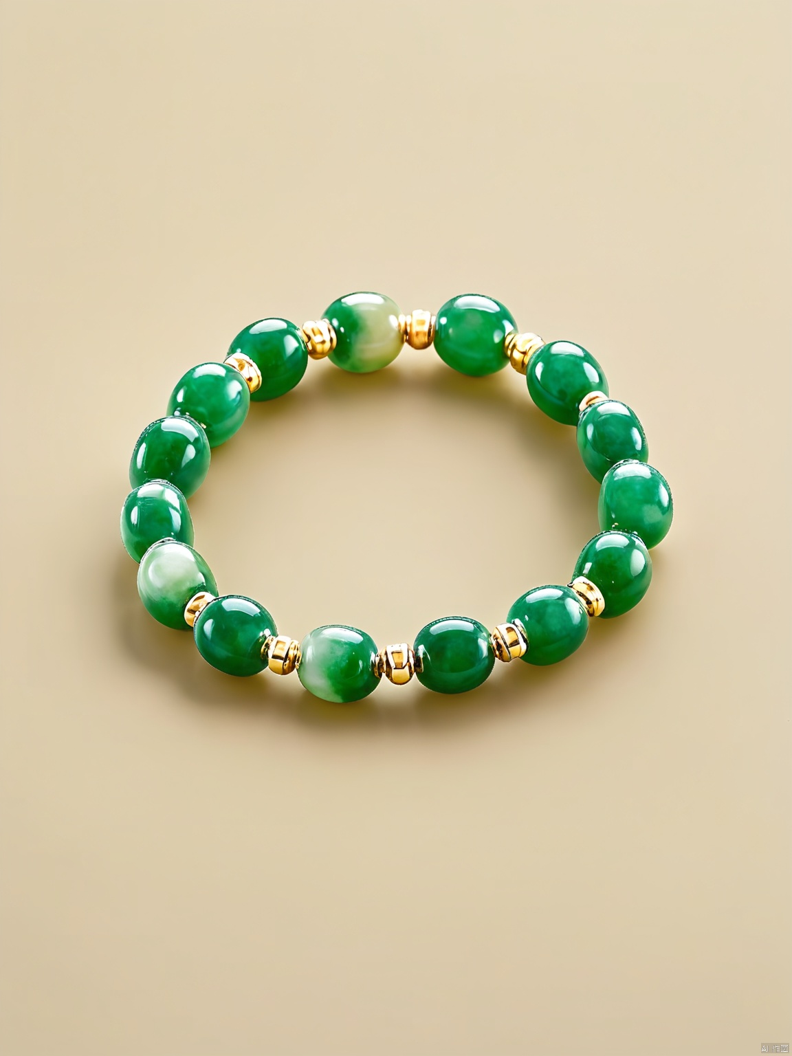 YSCZ, A close-up of a jade bracelet, its surface smooth and polished to a high sheen. The bracelet features a series of interlocking jade rings, each with a subtle variation in color from deep forest green to a lighter, more translucent hue. The background is a muted, sandy beige, allowing the bracelet's vibrant jade tones to stand out against the neutral palette.