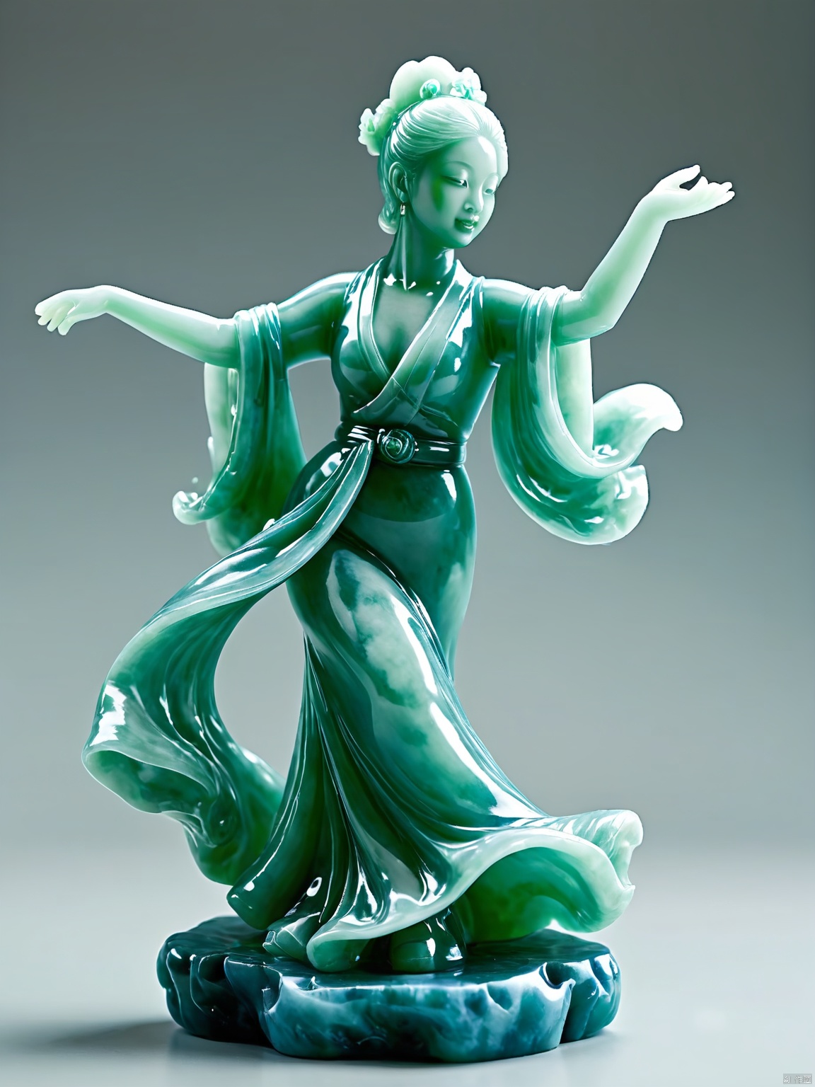 YSCZ, A jade figure of a dancer, twirling gracefully with arms outstretched. The statue's robes and body are carved with fine detail, and the jade's translucent quality gives the figure a sense of fluidity and movement. It sits on a light blue velvet cushion, the color providing a cool contrast to the jade's warm tones. The background is a soft, sky blue, adding a touch of serenity to the image and evoking the sense of open sky and freedom.