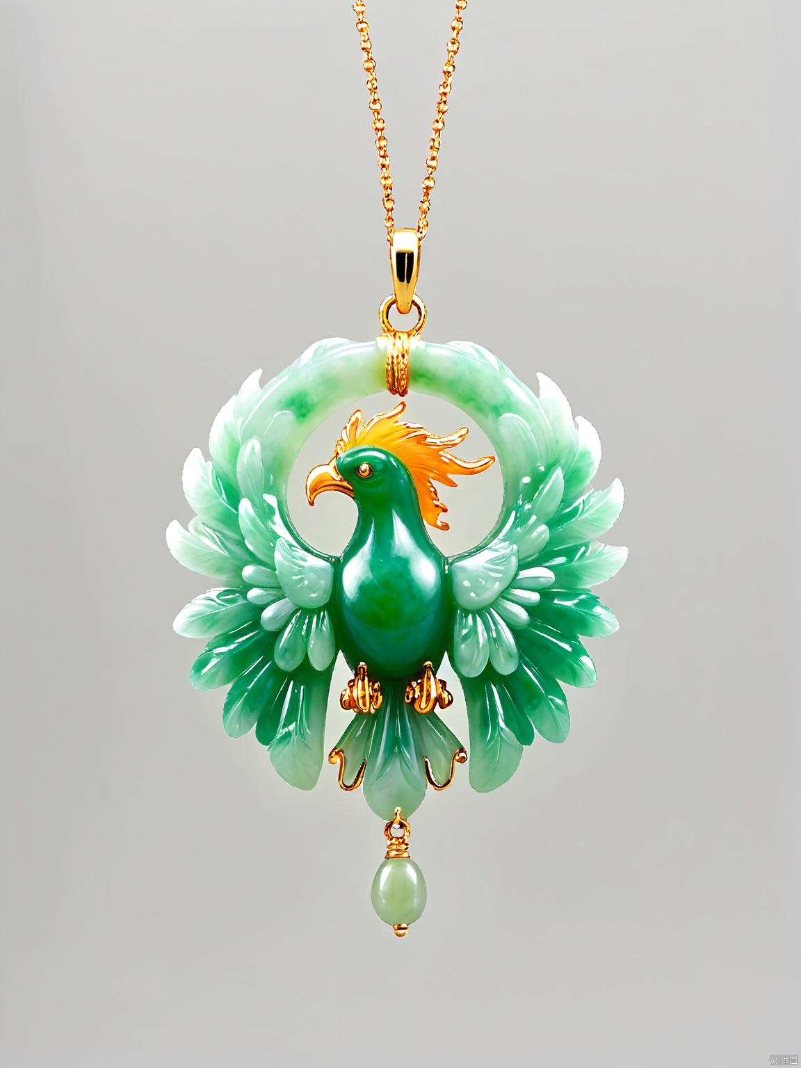 YSCZ, A jade pendant in the shape of a phoenix, its wings outstretched and feathers meticulously carved. The piece is translucent, with subtle variations in color that catch the light beautifully. It hangs from a fine gold chain, the metal's warmth complementing the jade's cool sheen. The background is a pristine white, allowing the pendant to shine without distraction.