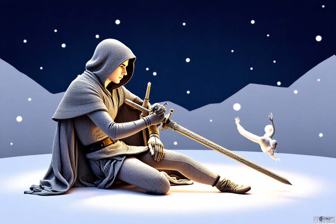solo, 1boy, holding, sitting, weapon, male focus, sword, hood, cape, holding weapon, armor, glowing, holding sword, gauntlets, cloak, snow, 1other, hood up, snowing, one knee, planted, full armor, planted sword, ambiguous gender