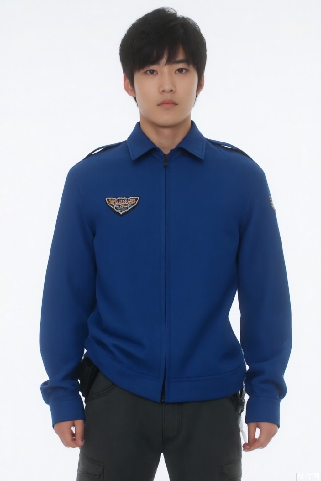 masterpiece, best quality,solo,(white background:1.2),simple background,
looking at viewer,EGIS,collar,belt,logo,uniform,jacket,emblem,blue jacket,BLACK pants