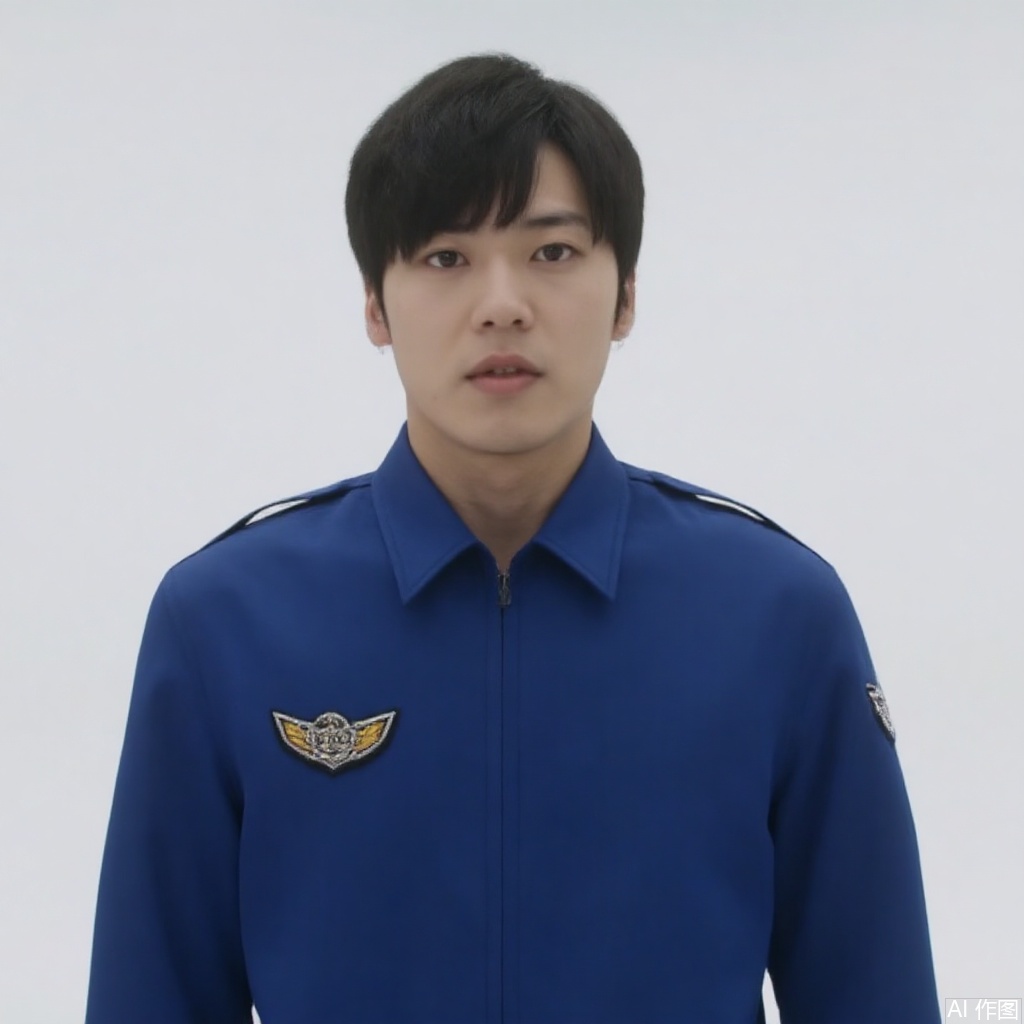 masterpiece, best quality,solo,(white background:1.2),simple background,
looking at viewer,VTL,collar,belt,logo,uniform,jacket,emblem,blue jacket,blue jacket with grey line,EGIS