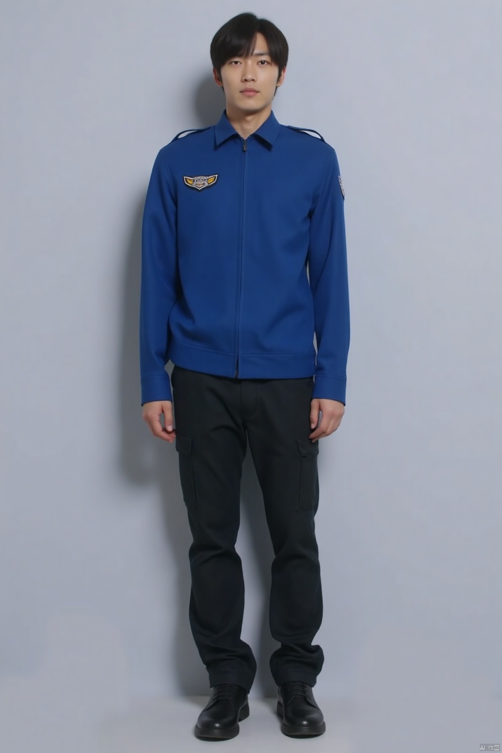 EGIS,collar,belt,logo,uniform,jacket,pants,gloves,boots,emblem,blue jacket,BLACK pants,