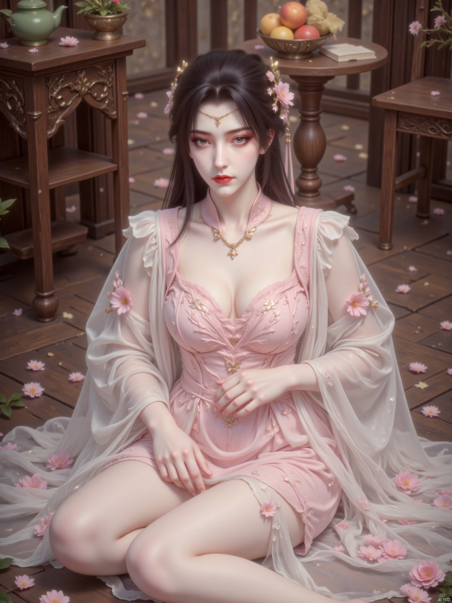 The image depicts a young woman dressed in traditional East Asian attire, sitting on the floor of what appears to be a room with wooden furnishings. She is wearing a flowing pink and white robe with intricate floral embroidery, and her hair is styled elaborately with flowers and ornaments. The room has a serene and somewhat mystical atmosphere, with soft lighting and scattered petals on the floor. In the background, there are several objects, including a small table with a bowl of fruits, a green teapot, and a book. The overall scene has a tranquil and slightly ethereal quality, with a focus on the woman's serene expression and traditional attire.