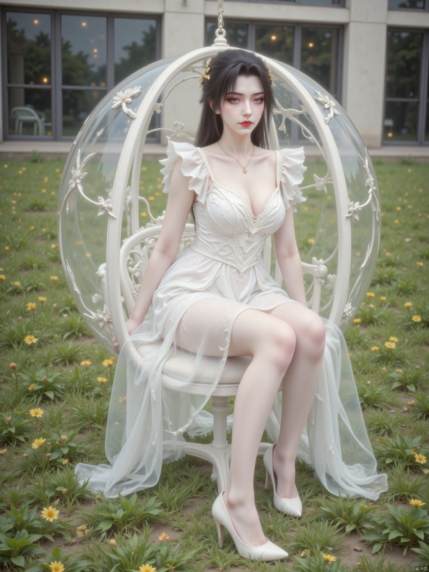 The image depicts a woman sitting in a transparent, spherical chair. She is wearing a white lace dress with ruffled sleeves and white high-heeled shoes. The background consists of a grassy area with small yellow flowers and a modern building with large windows. The woman appears to be in a serene outdoor setting, and the spherical chair is suspended by a chain at the top.,zichu,zichu