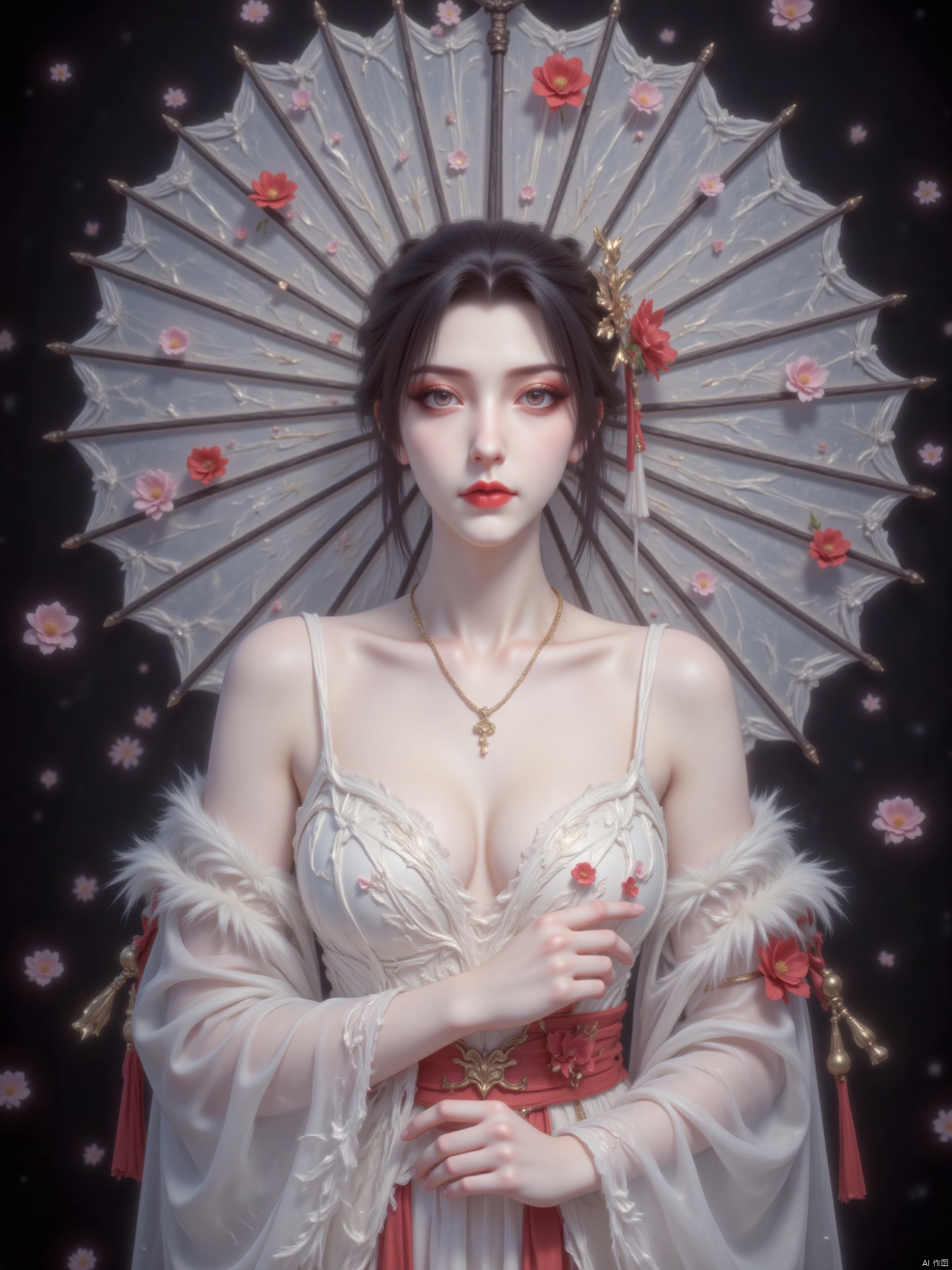 The image depicts a beautifully rendered anime-style illustration of a woman dressed in traditional East Asian attire. She is holding a large, elegant white parasol with black radial spokes, and her hair is styled in an intricate updo adorned with red floral accessories. Her outfit consists of a flowing white robe with red accents, and she is wearing a delicate necklace. The background is dark, with subtle hints of floating petals or leaves, creating a serene and mystical atmosphere. The overall composition is balanced, with the woman positioned centrally, drawing the viewer's attention to her serene expression and graceful pose.