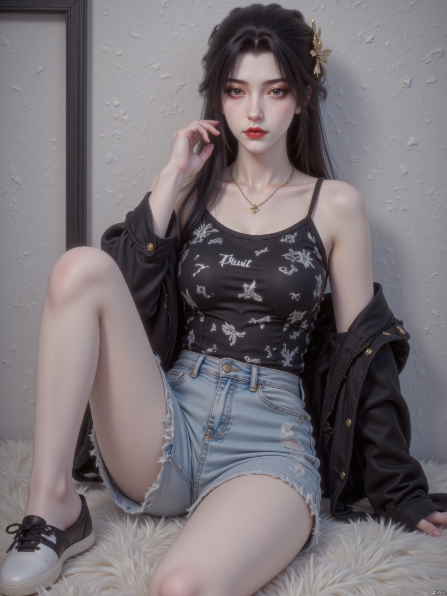 main body
The main body of the picture is a woman. She has long black hair, soft hair, eyes are very eye-catching and delicate. The upper body is wearing a short black sports vest with white letters and patterns on the vest, a black jacket on the outside, and light blue denim shorts on the lower body, the overall outfit shows youthful vitality and fashion sense.
attitude
She was sitting, her body turned slightly to the camera, and one arm was naturally placed beside her, with a relaxed and natural posture, looking straight ahead, revealing a confident temperament.
Light and shadow
The light is soft and even, mainly illuminating the characters from the front, forming a natural transition of light and shadow on the characters, highlighting the facial contour, material feeling of clothing and body lines, creating a bright and comfortable atmosphere.
Art style
It belongs to a realistic style, and the facial details, hair, clothing textures, etc. of the characters are delicately portrayed. The texture is excellent, the color matching is coordinated, the picture is real and has strong visual expression.
background
The background is relatively simple, mainly light gray walls, and some dark blinds can be seen vaguely. The simple background highlights the main body of the character, making the viewer's attention focus on the character image.