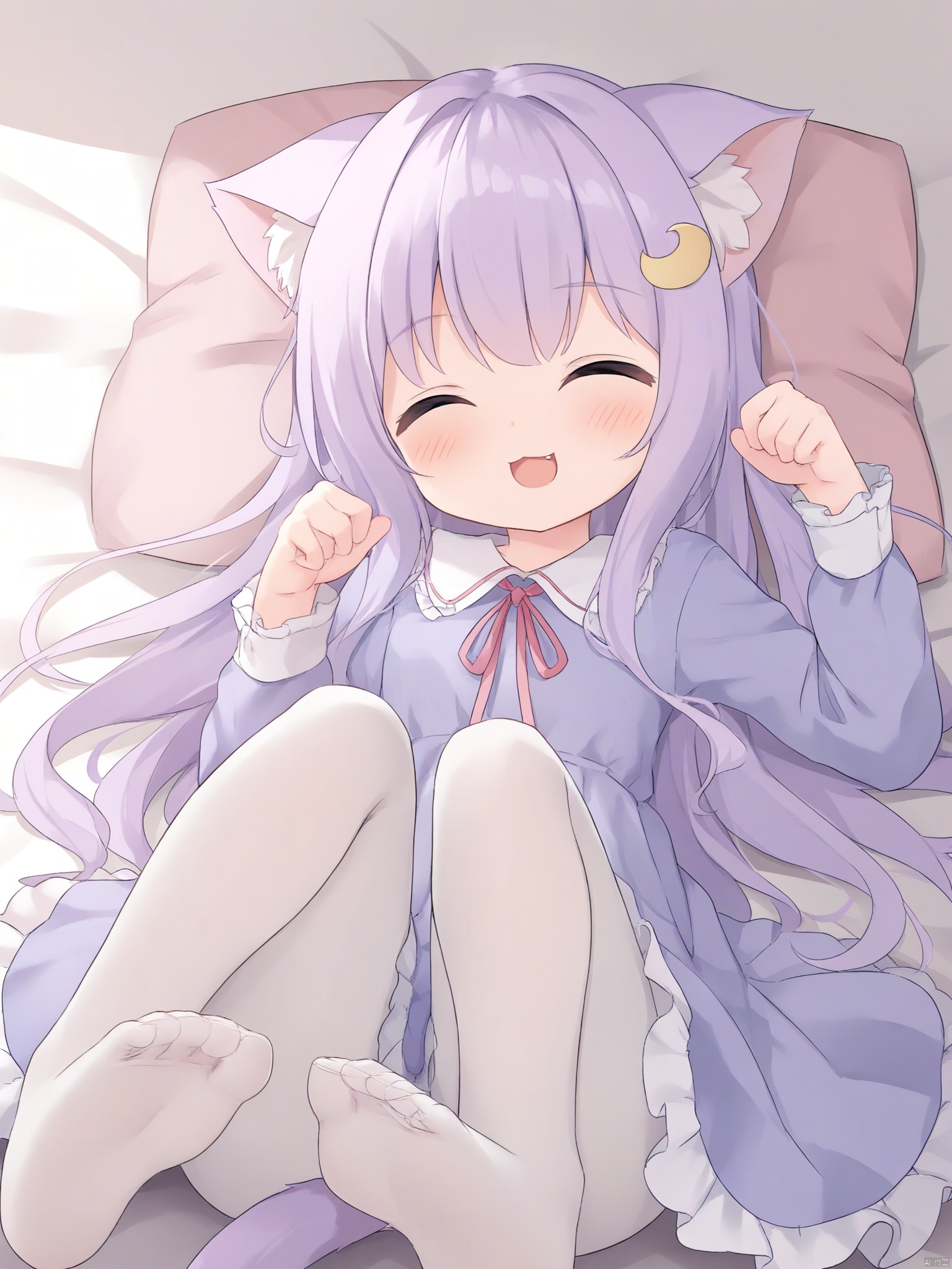 loli,cute,1girl, solo, long hair, blush, smile, open mouth, hair ornament, long sleeves, dress, animal ears, tail, closed eyes, pink hair, purple hair, :d, pantyhose, lying, frills, hairclip, fang, cat ears, on back, feet, cat tail, animal ear fluff, legs, pillow, bed, ^ ^, no shoes, frilled dress, cat girl, crescent, knees up, purple dress, white pantyhose, paw pose, crescent hair ornament, fish hair ornament