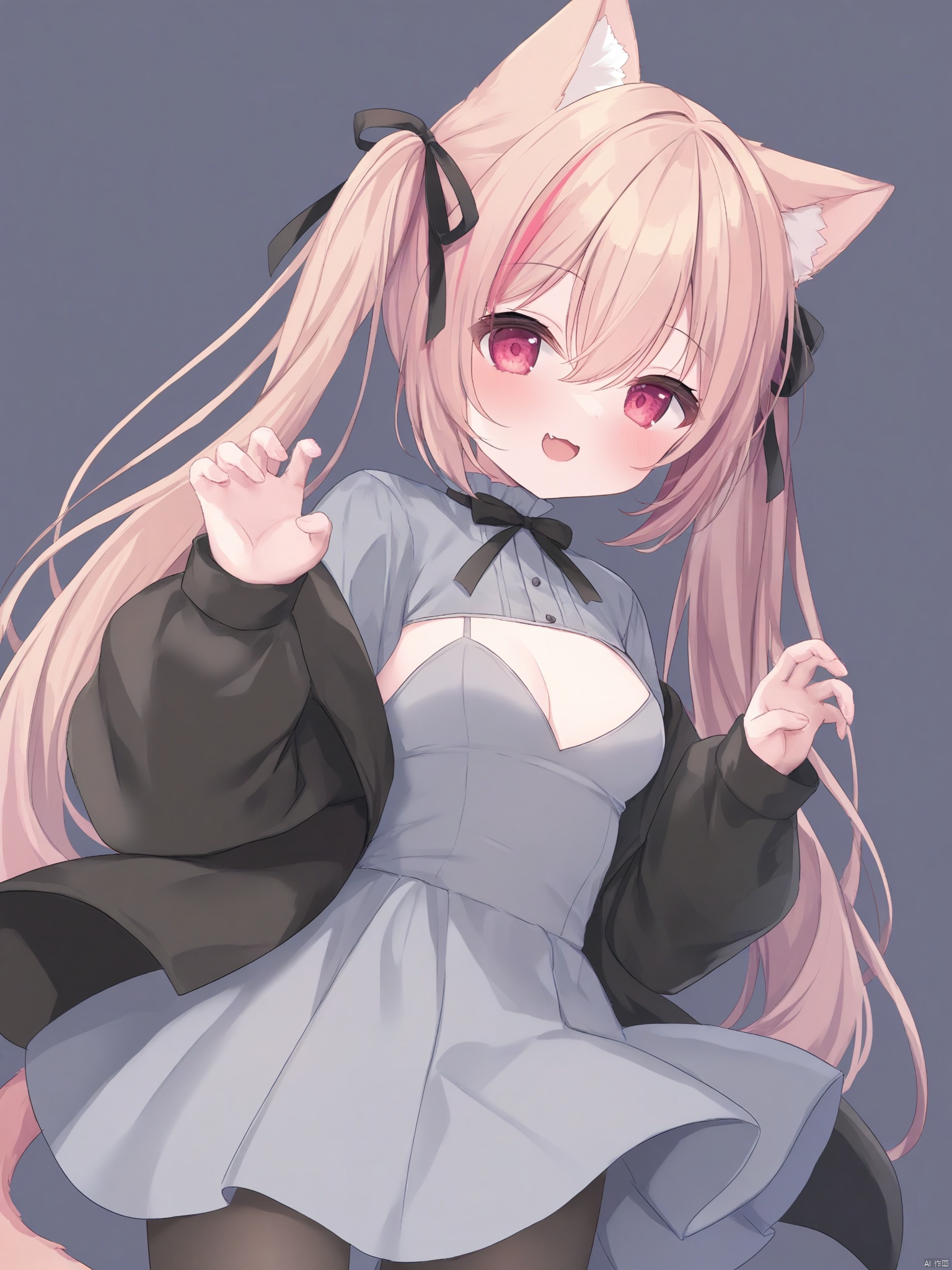 loli,cute,1girl, solo, long hair, breasts, looking at viewer, blush, smile, open mouth, bangs, simple background, brown hair, red eyes, long sleeves, white background, dress, ribbon, animal ears, cleavage, hair between eyes, twintails, medium breasts, very long hair, standing, jacket, tail, hair ribbon, pink hair, :d, pantyhose, multicolored hair, cowboy shot, small breasts, fang, puffy sleeves, cat ears, off shoulder, two-tone hair, open jacket, streaked hair, black jacket, cat tail, animal ear fluff, hands up, clothing cutout, black ribbon, cat girl, puffy long sleeves, pleated dress, grey dress,