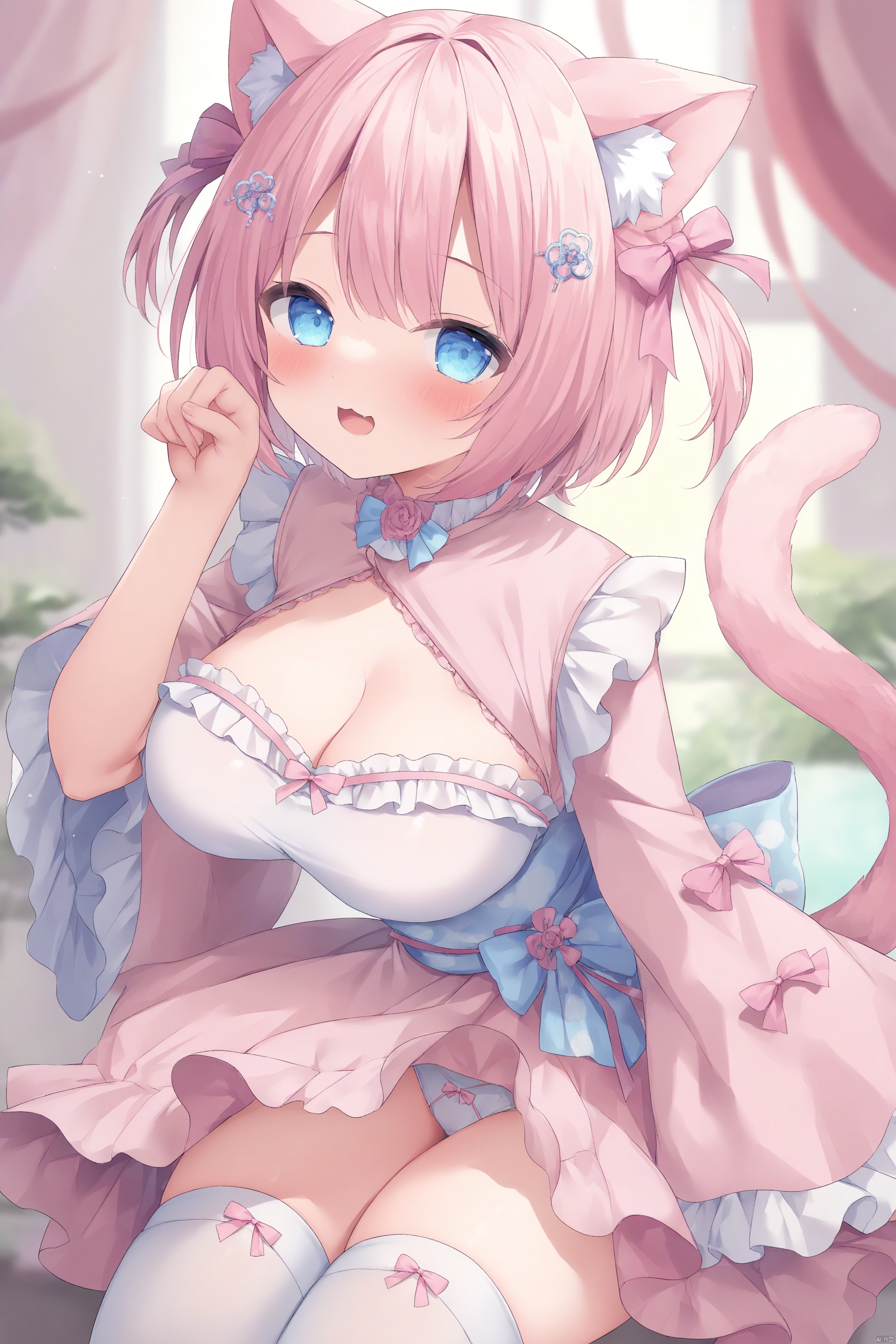 loli,cute,1girl, solo, breasts, looking at viewer, blush, smile, short hair, open mouth, bangs, blue eyes, large breasts, hair ornament, thighhighs, long sleeves, dress, ribbon, animal ears, cleavage, medium breasts, underwear, panties, tail, pink hair, :d, thighs, cowboy shot, frills, japanese clothes, virtual youtuber, cat ears, off shoulder, white panties, white thighhighs, two side up, cat tail, 